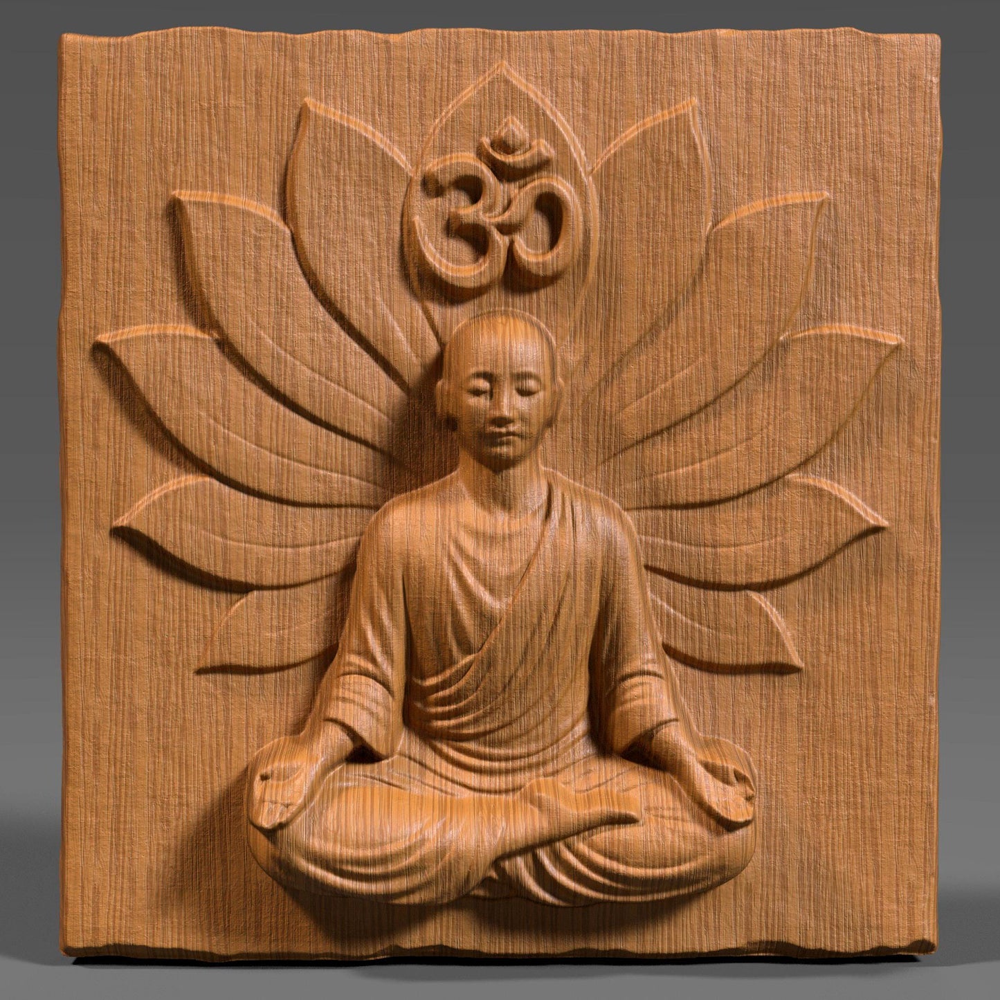 3D wood carving panel featuring a serene meditating Buddha figure seated in a lotus position with a blooming lotus flower backdrop and the sacred Om symbol above the head. The finely detailed relief is carved into a natural wood slab with visible wood grain texture. The piece exudes peaceful energy, making it ideal for spiritual spaces, yoga rooms, meditation corners, or Zen home decor. The deep carving adds elegant shadow play, enhancing its spiritual and artistic impact.