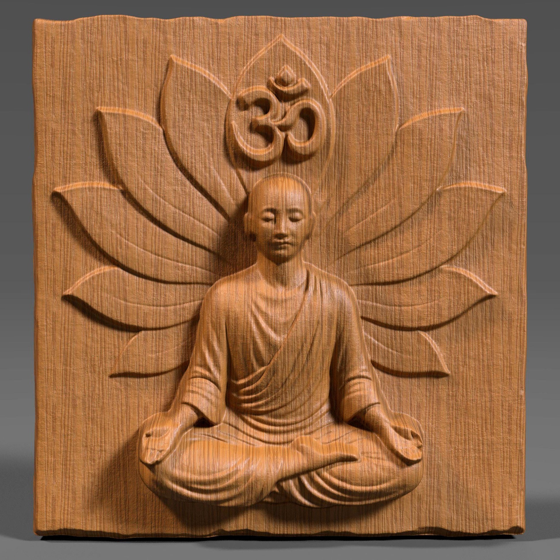 3D wood carving panel featuring a serene meditating Buddha figure seated in a lotus position with a blooming lotus flower backdrop and the sacred Om symbol above the head. The finely detailed relief is carved into a natural wood slab with visible wood grain texture. The piece exudes peaceful energy, making it ideal for spiritual spaces, yoga rooms, meditation corners, or Zen home decor. The deep carving adds elegant shadow play, enhancing its spiritual and artistic impact.