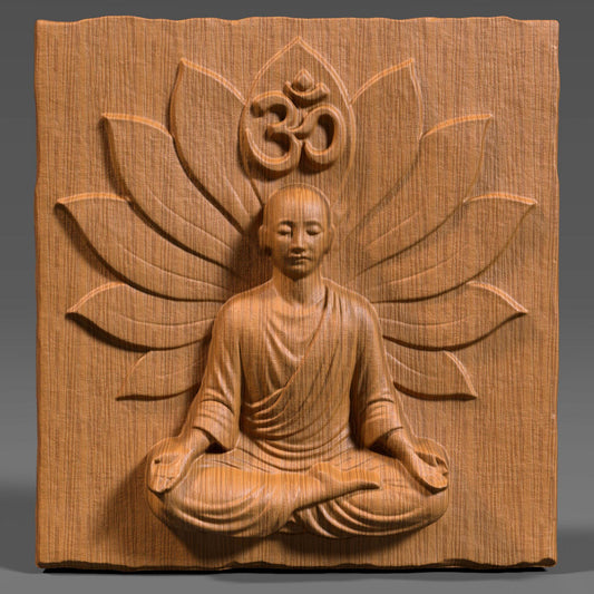 3D wood carving panel featuring a serene meditating Buddha figure seated in a lotus position with a blooming lotus flower backdrop and the sacred Om symbol above the head. The finely detailed relief is carved into a natural wood slab with visible wood grain texture. The piece exudes peaceful energy, making it ideal for spiritual spaces, yoga rooms, meditation corners, or Zen home decor. The deep carving adds elegant shadow play, enhancing its spiritual and artistic impact.