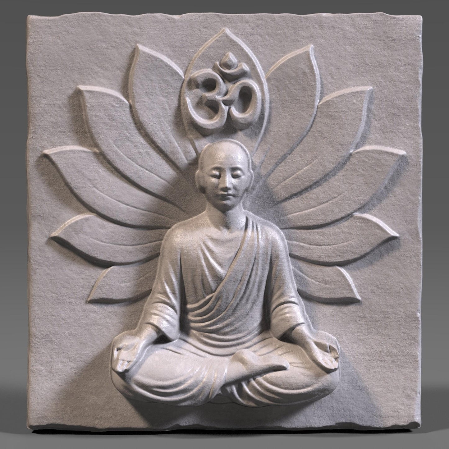 3D wood carving panel featuring a serene meditating Buddha figure seated in a lotus position with a blooming lotus flower backdrop and the sacred Om symbol above the head. The finely detailed relief is carved into a natural wood slab with visible wood grain texture. The piece exudes peaceful energy, making it ideal for spiritual spaces, yoga rooms, meditation corners, or Zen home decor. The deep carving adds elegant shadow play, enhancing its spiritual and artistic impact.