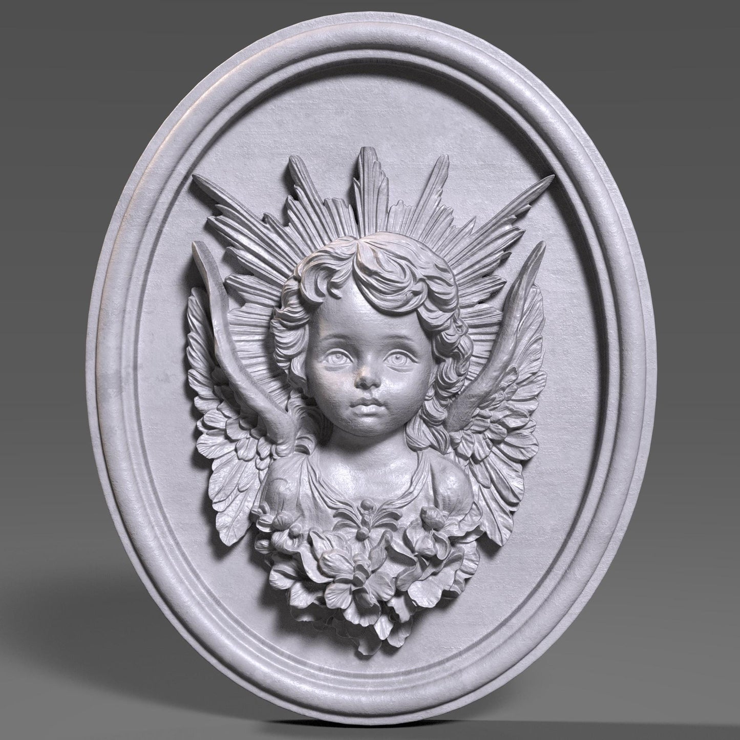 3D wood bas-relief sculpture of a baby angel (cherub) with delicate facial features, intricately carved feathered wings, and a radiant sunburst halo behind the head. The figure is surrounded by floral elements near the base and enclosed in a finely sculpted oval wooden frame. The grain of the wood is visible throughout, adding texture and authenticity. Perfect for CNC carving, laser engraving, and decorative religious wall art, rendered in two wood tones for display versatility.