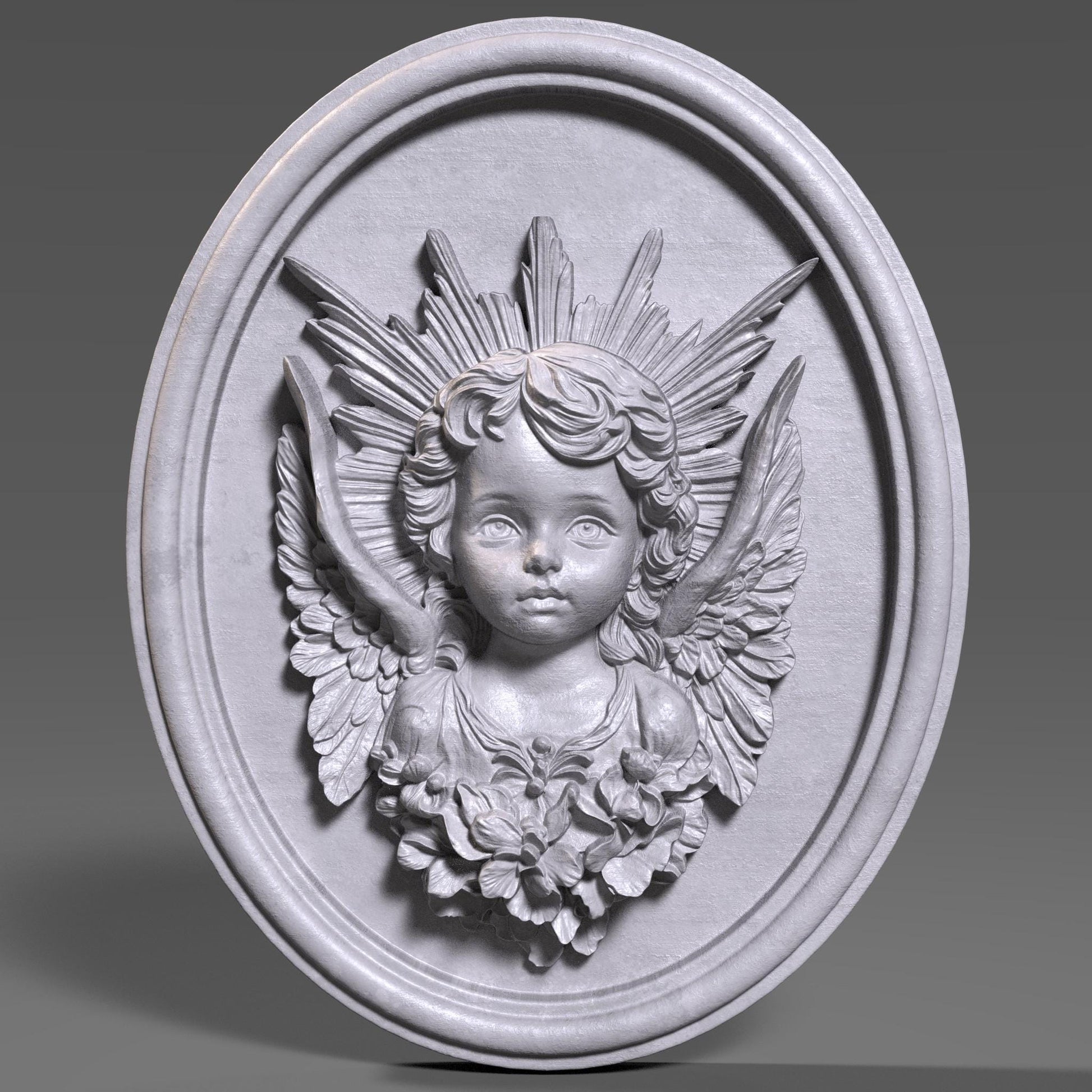 3D wood bas-relief sculpture of a baby angel (cherub) with delicate facial features, intricately carved feathered wings, and a radiant sunburst halo behind the head. The figure is surrounded by floral elements near the base and enclosed in a finely sculpted oval wooden frame. The grain of the wood is visible throughout, adding texture and authenticity. Perfect for CNC carving, laser engraving, and decorative religious wall art, rendered in two wood tones for display versatility.