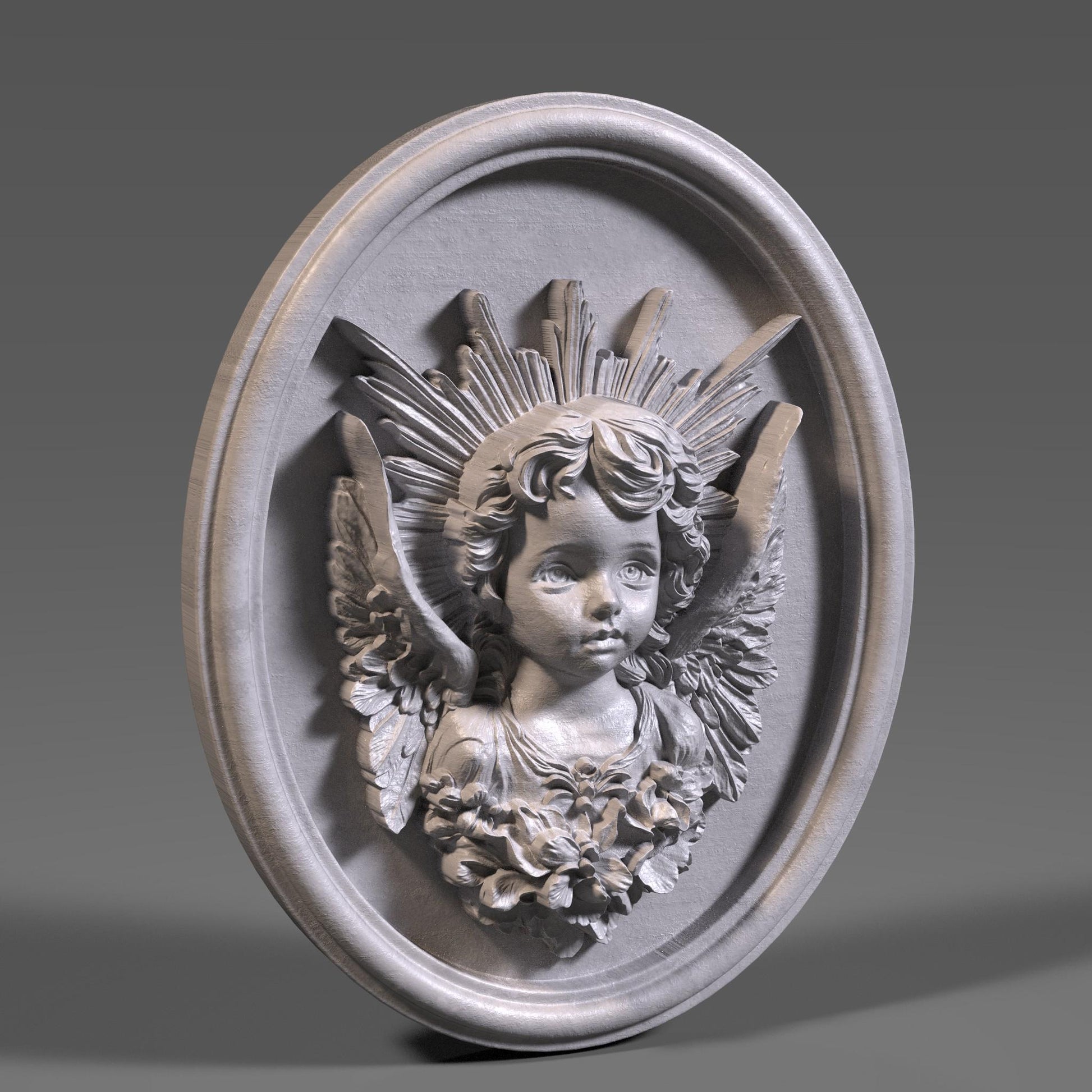 3D wood bas-relief sculpture of a baby angel (cherub) with delicate facial features, intricately carved feathered wings, and a radiant sunburst halo behind the head. The figure is surrounded by floral elements near the base and enclosed in a finely sculpted oval wooden frame. The grain of the wood is visible throughout, adding texture and authenticity. Perfect for CNC carving, laser engraving, and decorative religious wall art, rendered in two wood tones for display versatility.