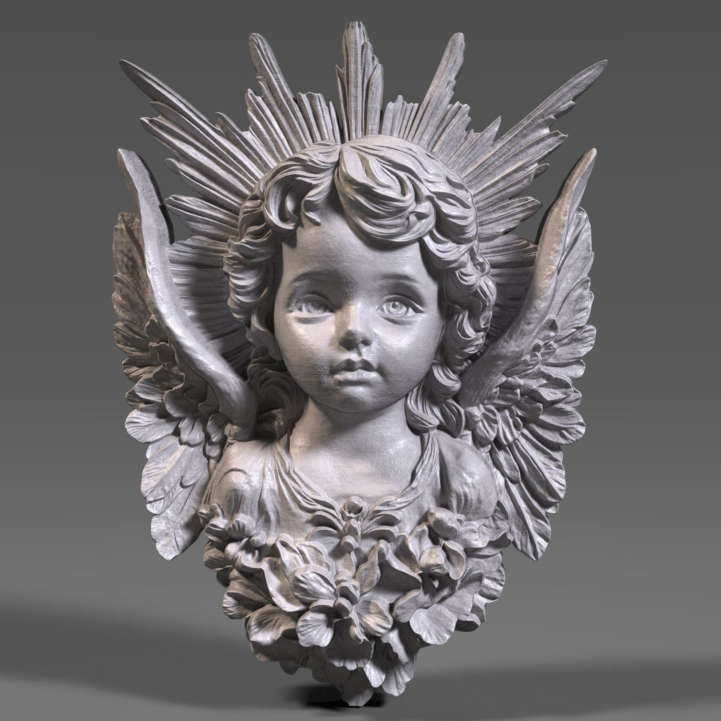 This is a high-detail 3D wooden bas-relief sculpture of a cherub angel bust without a frame, designed for wall art. The angel has a serene childlike face, intricately curled hair, and beautifully detailed wings extending from the sides. A radiant sunburst halo fans out from behind the head, with carved floral elements at the base of the bust. The carving is showcased in both light and dark wood tones, ideal for CNC, laser engraving, or decorative interior panels.