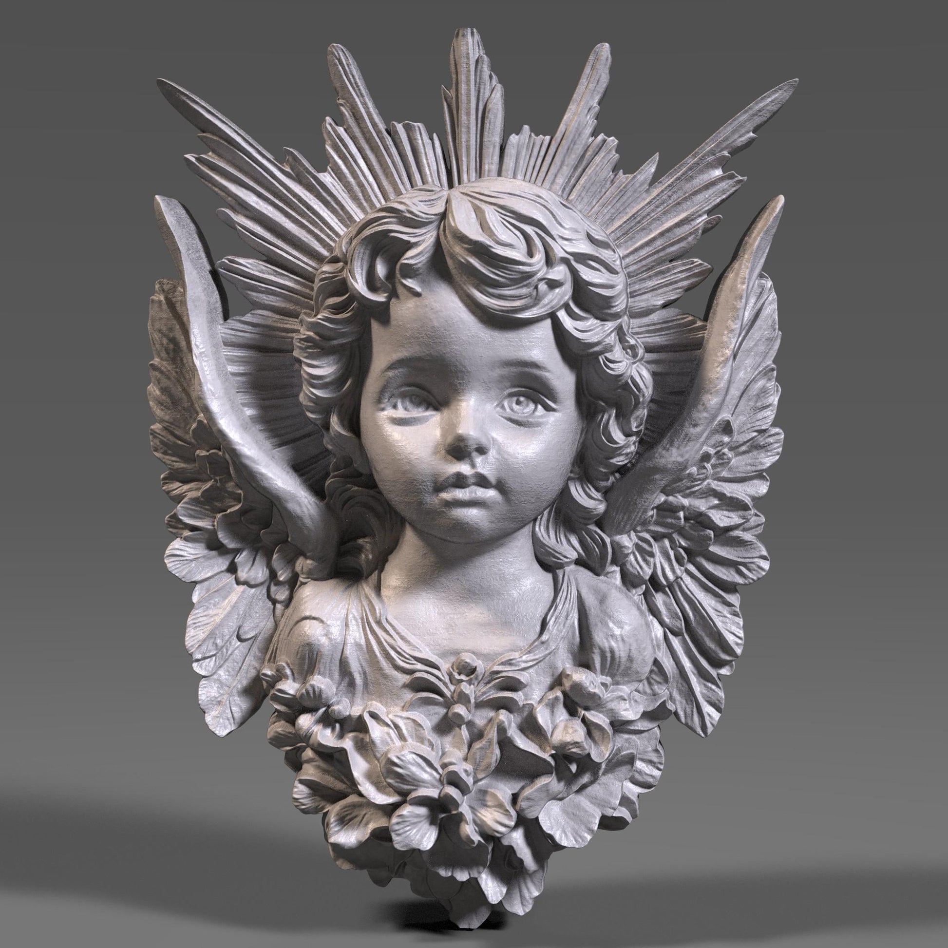 This is a high-detail 3D wooden bas-relief sculpture of a cherub angel bust without a frame, designed for wall art. The angel has a serene childlike face, intricately curled hair, and beautifully detailed wings extending from the sides. A radiant sunburst halo fans out from behind the head, with carved floral elements at the base of the bust. The carving is showcased in both light and dark wood tones, ideal for CNC, laser engraving, or decorative interior panels.