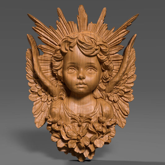 This is a high-detail 3D wooden bas-relief sculpture of a cherub angel bust without a frame, designed for wall art. The angel has a serene childlike face, intricately curled hair, and beautifully detailed wings extending from the sides. A radiant sunburst halo fans out from behind the head, with carved floral elements at the base of the bust. The carving is showcased in both light and dark wood tones, ideal for CNC, laser engraving, or decorative interior panels.