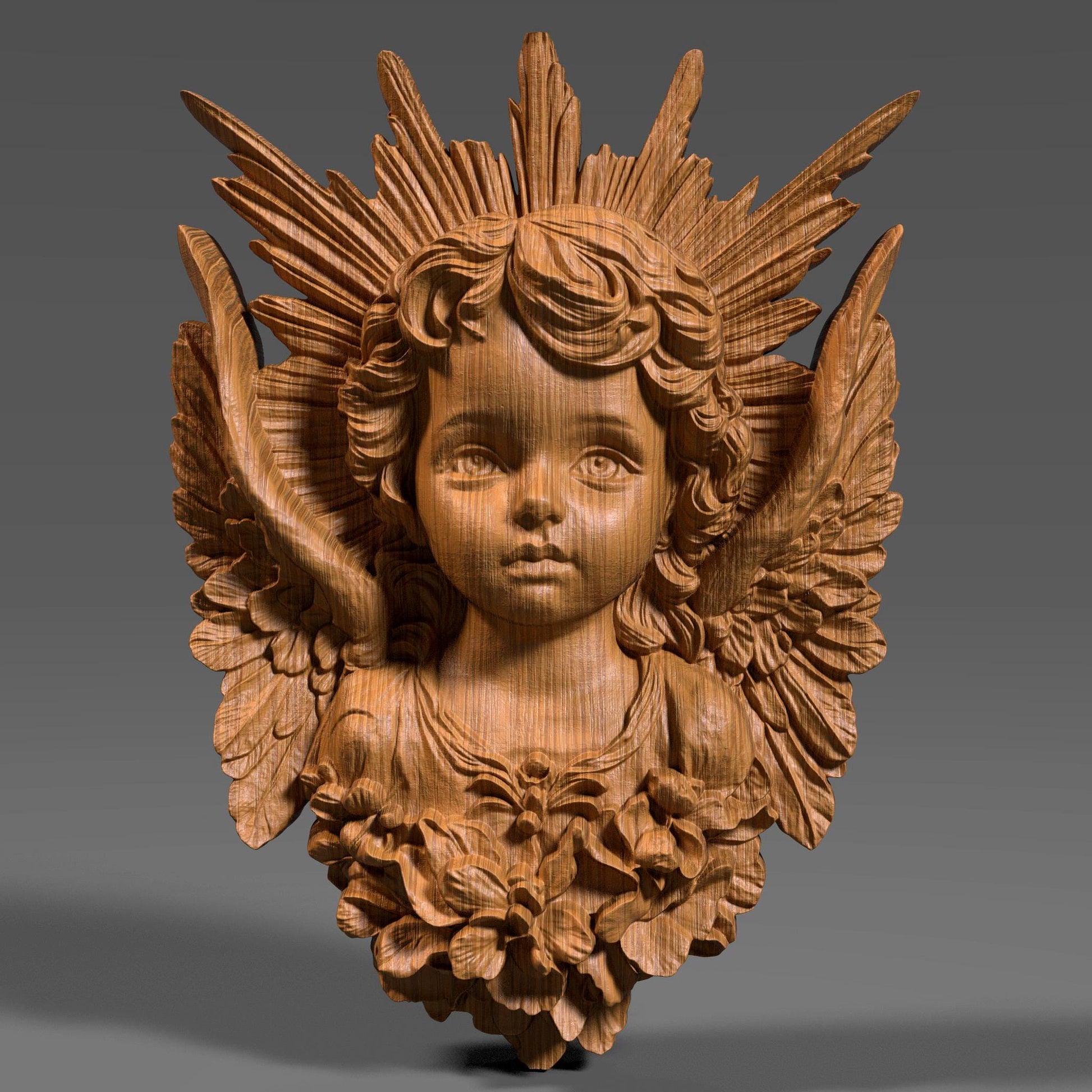 This is a high-detail 3D wooden bas-relief sculpture of a cherub angel bust without a frame, designed for wall art. The angel has a serene childlike face, intricately curled hair, and beautifully detailed wings extending from the sides. A radiant sunburst halo fans out from behind the head, with carved floral elements at the base of the bust. The carving is showcased in both light and dark wood tones, ideal for CNC, laser engraving, or decorative interior panels.