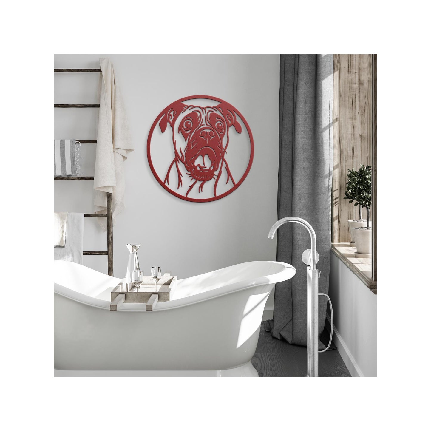 This pug metal wall art features a detailed die-cut silhouette of a pug’s expressive face within a circular frame, mounted on an exterior brick wall near a wooden front door. Crafted from 18-gauge powder-coated steel, it adds personality and charm to your home’s entrance or patio. Perfect for dog lovers, this weather-resistant steel sign is a stylish and durable addition to any indoor or outdoor decor space.