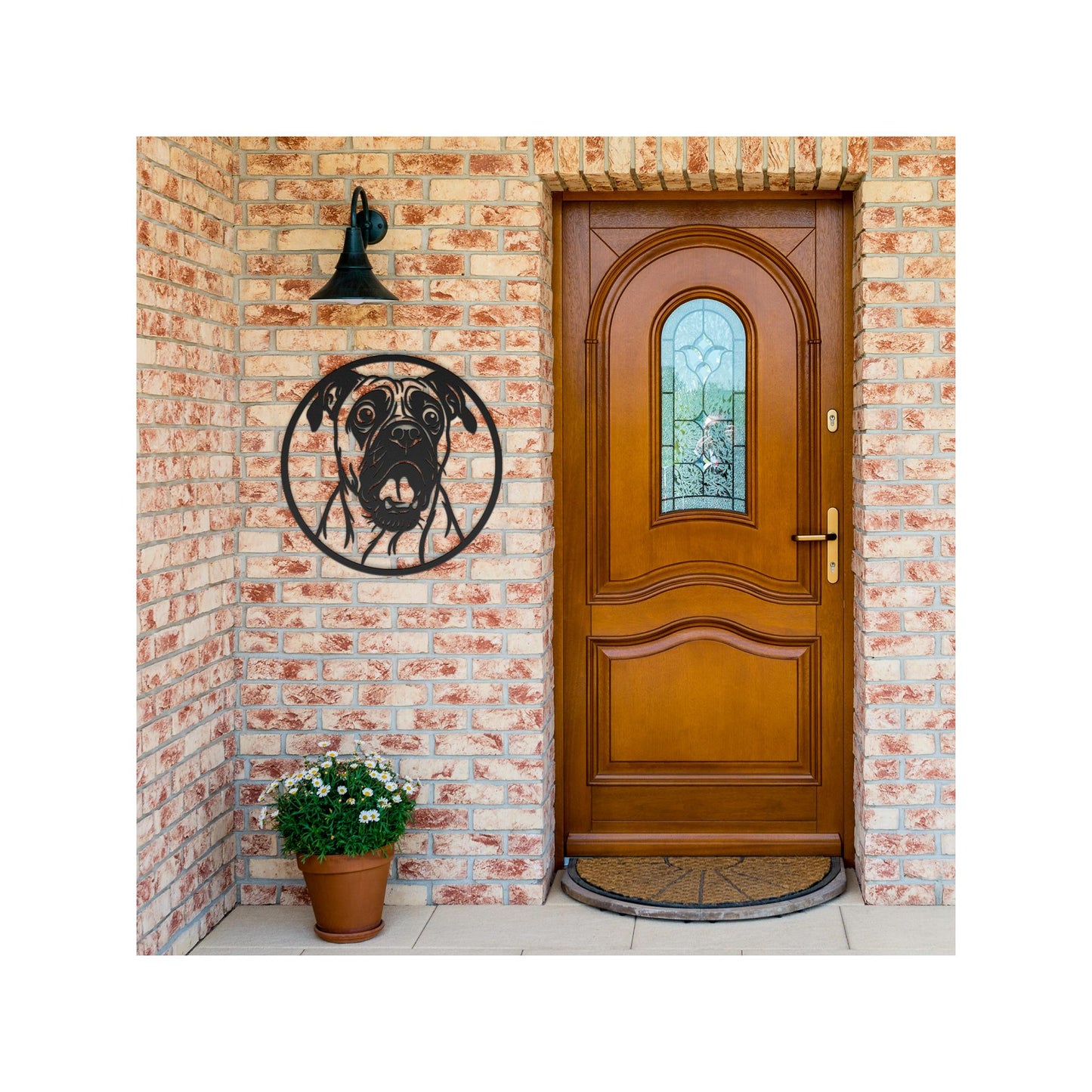 This pug metal wall art features a detailed die-cut silhouette of a pug’s expressive face within a circular frame, mounted on an exterior brick wall near a wooden front door. Crafted from 18-gauge powder-coated steel, it adds personality and charm to your home’s entrance or patio. Perfect for dog lovers, this weather-resistant steel sign is a stylish and durable addition to any indoor or outdoor decor space.