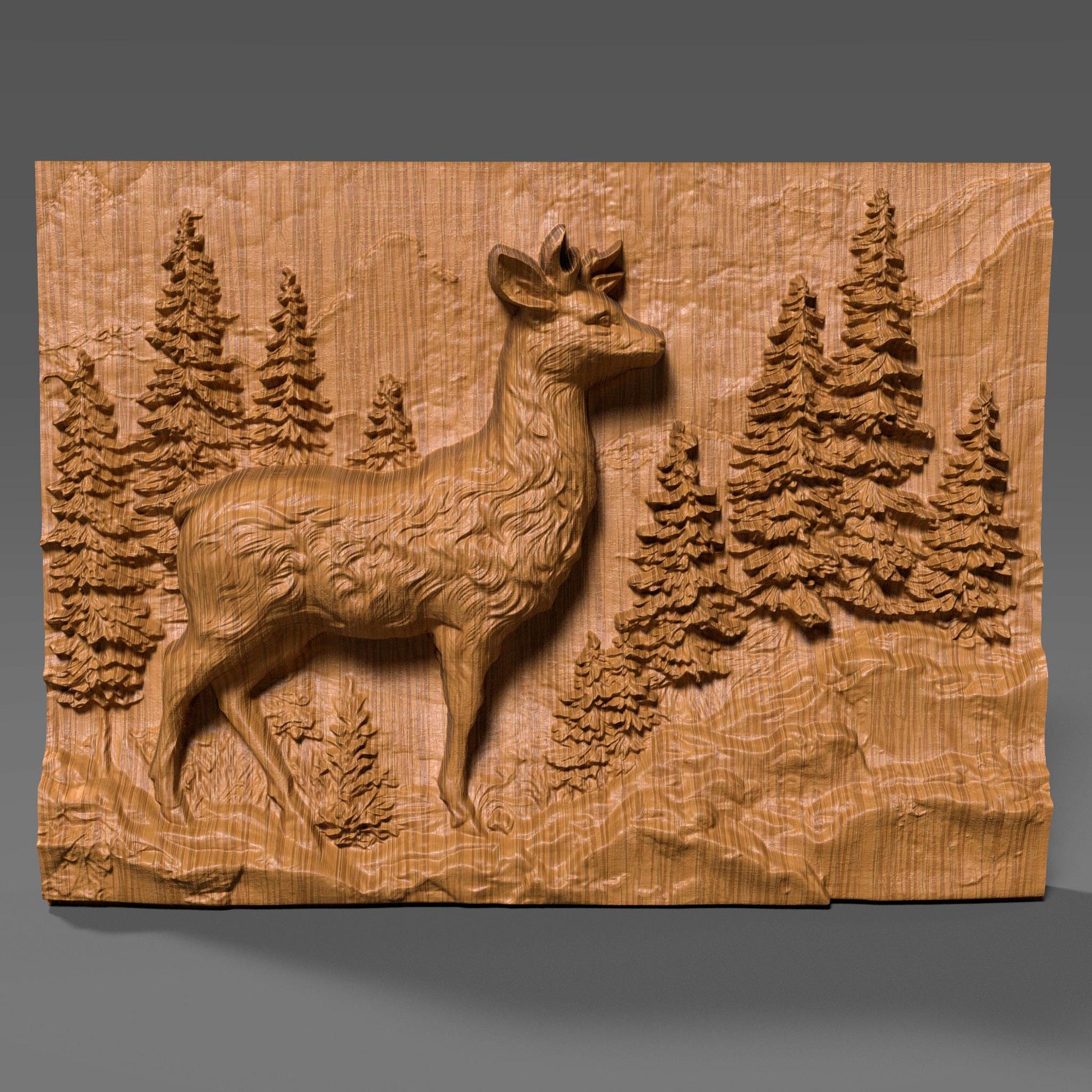 3D wood carving of a majestic deer standing proudly in a dense pine forest, deeply sculpted on a rectangular wooden panel. The design captures fine fur texture on the deer and intricate needle-like foliage on the trees, creating a lifelike wilderness scene. Ideal for rustic wall art, cabin decor, or CNC wood carving enthusiasts seeking nature-inspired wildlife relief artwork.