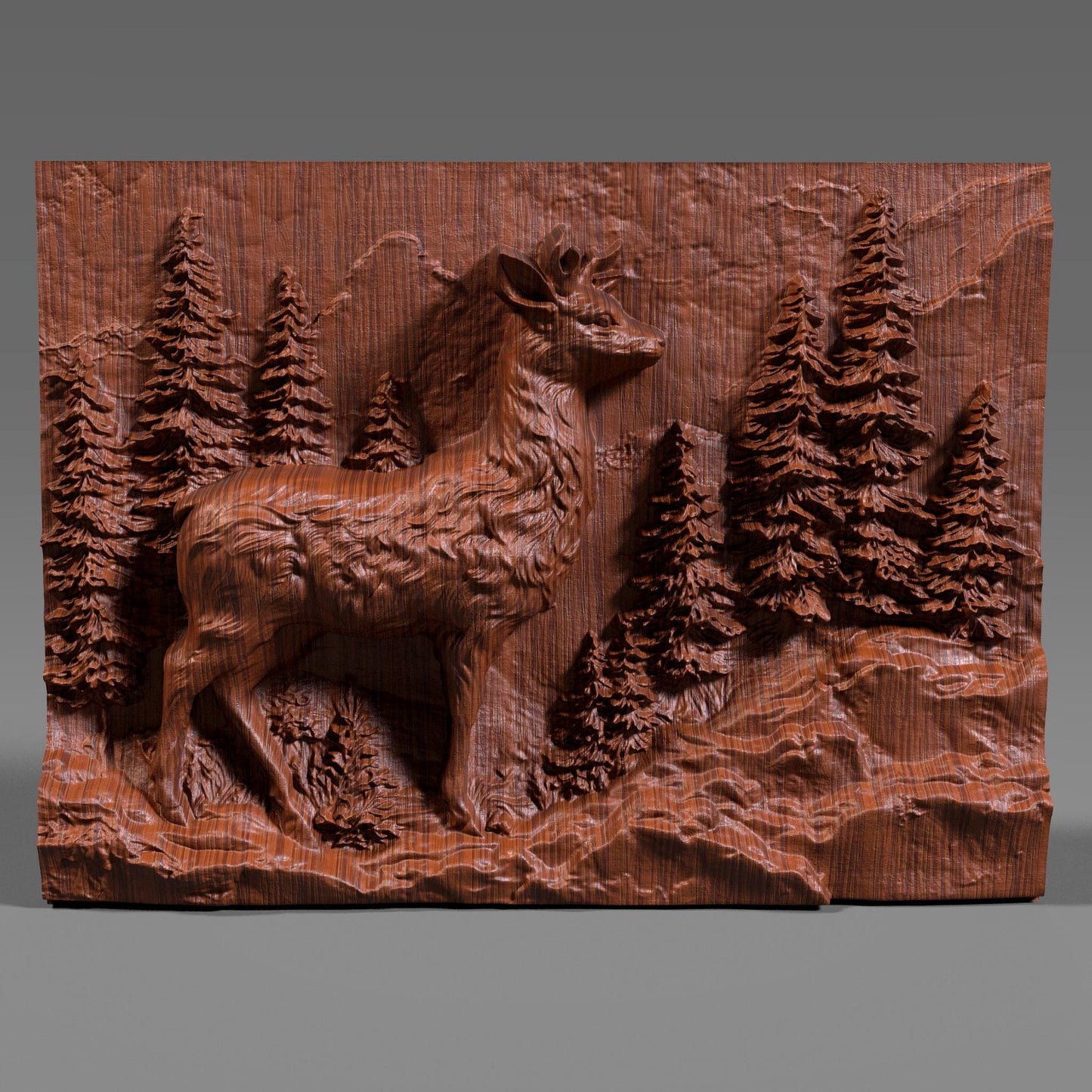 3D wood carving of a majestic deer standing proudly in a dense pine forest, deeply sculpted on a rectangular wooden panel. The design captures fine fur texture on the deer and intricate needle-like foliage on the trees, creating a lifelike wilderness scene. Ideal for rustic wall art, cabin decor, or CNC wood carving enthusiasts seeking nature-inspired wildlife relief artwork.