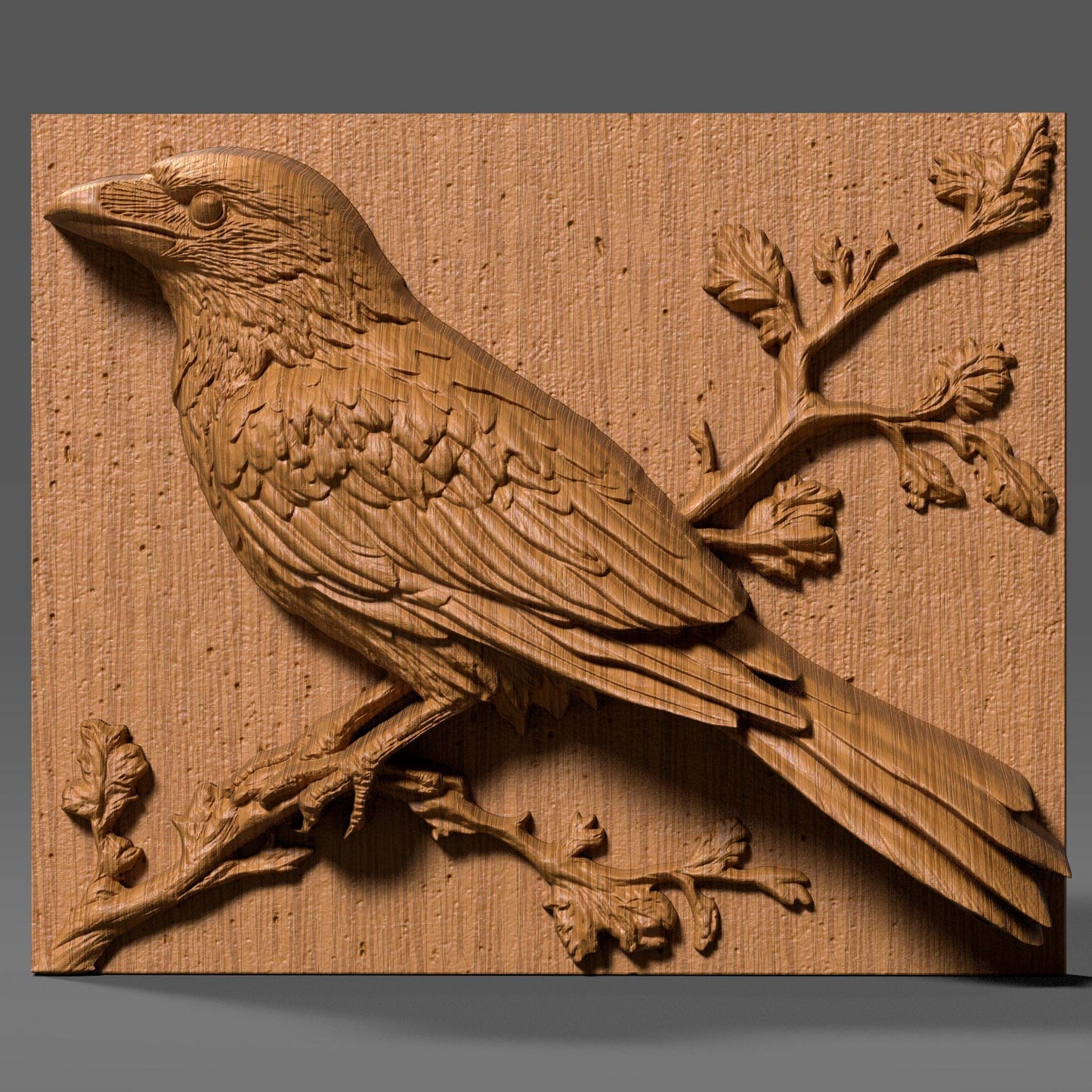 A 3D bas relief wood carving depicting a crow or raven perched elegantly on a branch, rendered in a natural, gothic rustic style. The bird features meticulously carved feathers, a strong beak, and intelligent eyes, complemented by delicate budding branches. This detailed panel is perfect for CNC wood carving, laser engraving, or gothic woodland-themed wall art, evoking mystery, nature, and timeless craftsmanship in a single piece. Ideal for cabins, lodges, or spiritual décor.