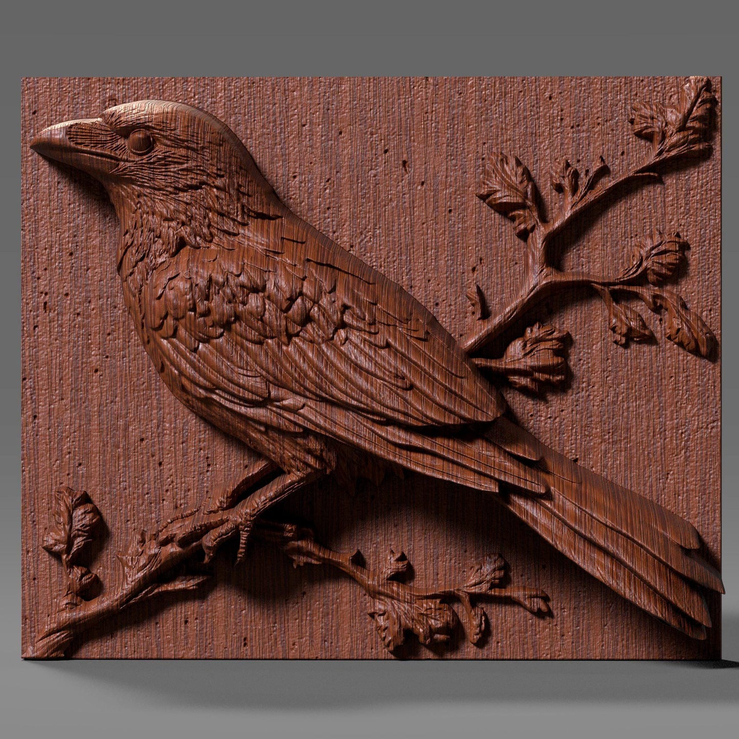 A 3D bas relief wood carving depicting a crow or raven perched elegantly on a branch, rendered in a natural, gothic rustic style. The bird features meticulously carved feathers, a strong beak, and intelligent eyes, complemented by delicate budding branches. This detailed panel is perfect for CNC wood carving, laser engraving, or gothic woodland-themed wall art, evoking mystery, nature, and timeless craftsmanship in a single piece. Ideal for cabins, lodges, or spiritual décor.