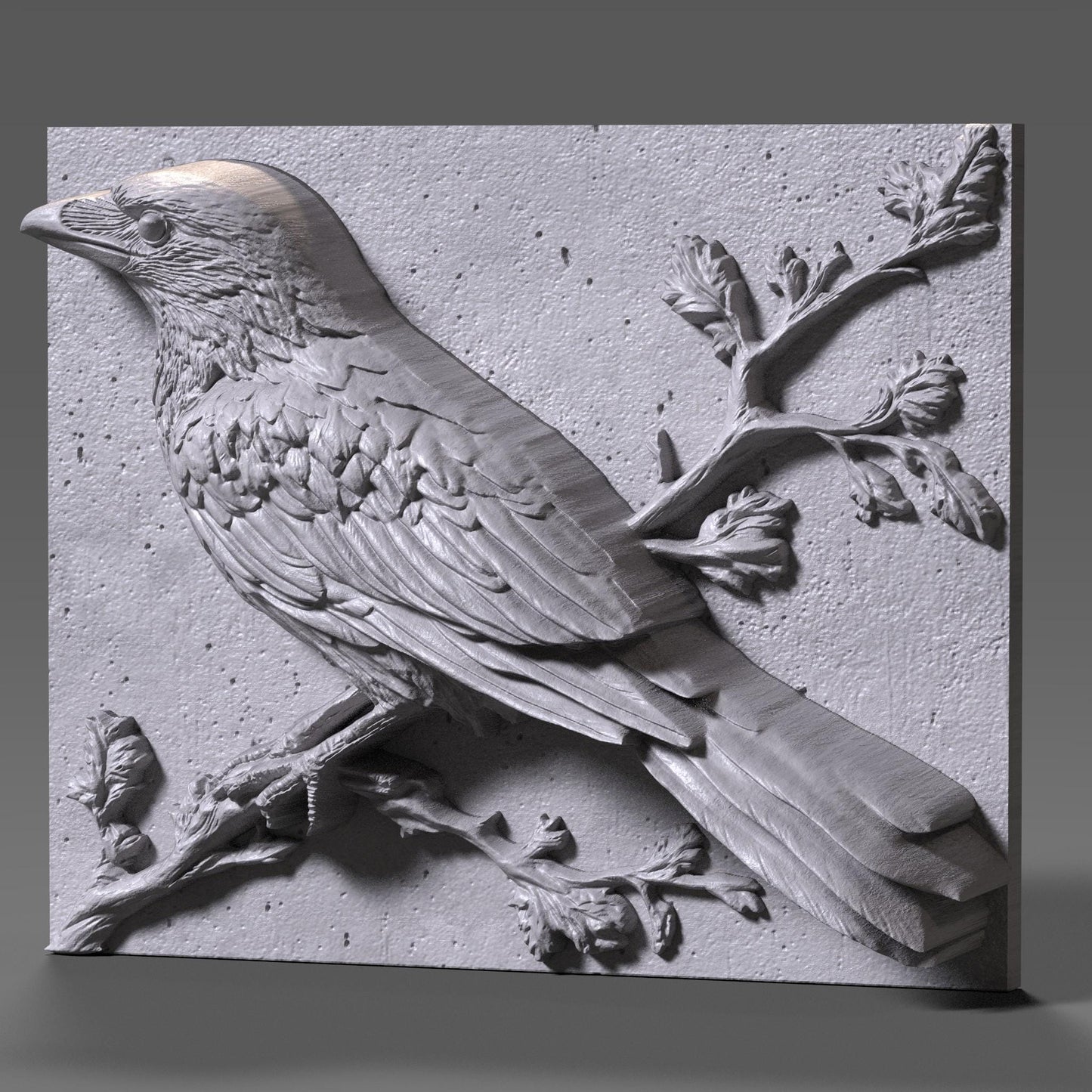 A 3D bas relief wood carving depicting a crow or raven perched elegantly on a branch, rendered in a natural, gothic rustic style. The bird features meticulously carved feathers, a strong beak, and intelligent eyes, complemented by delicate budding branches. This detailed panel is perfect for CNC wood carving, laser engraving, or gothic woodland-themed wall art, evoking mystery, nature, and timeless craftsmanship in a single piece. Ideal for cabins, lodges, or spiritual décor.