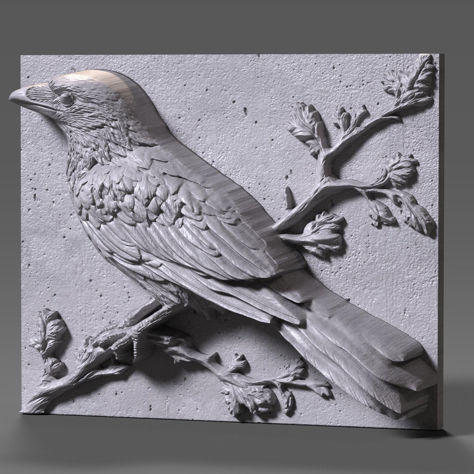A 3D bas relief wood carving depicting a crow or raven perched elegantly on a branch, rendered in a natural, gothic rustic style. The bird features meticulously carved feathers, a strong beak, and intelligent eyes, complemented by delicate budding branches. This detailed panel is perfect for CNC wood carving, laser engraving, or gothic woodland-themed wall art, evoking mystery, nature, and timeless craftsmanship in a single piece. Ideal for cabins, lodges, or spiritual décor.