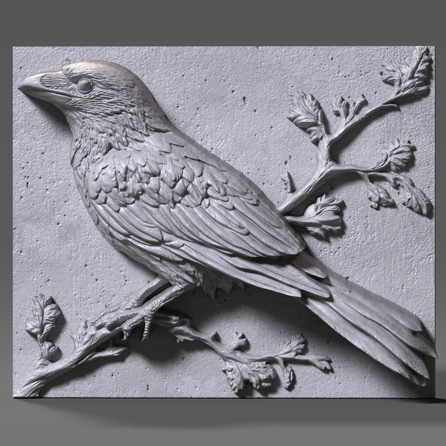 A 3D bas relief wood carving depicting a crow or raven perched elegantly on a branch, rendered in a natural, gothic rustic style. The bird features meticulously carved feathers, a strong beak, and intelligent eyes, complemented by delicate budding branches. This detailed panel is perfect for CNC wood carving, laser engraving, or gothic woodland-themed wall art, evoking mystery, nature, and timeless craftsmanship in a single piece. Ideal for cabins, lodges, or spiritual décor.