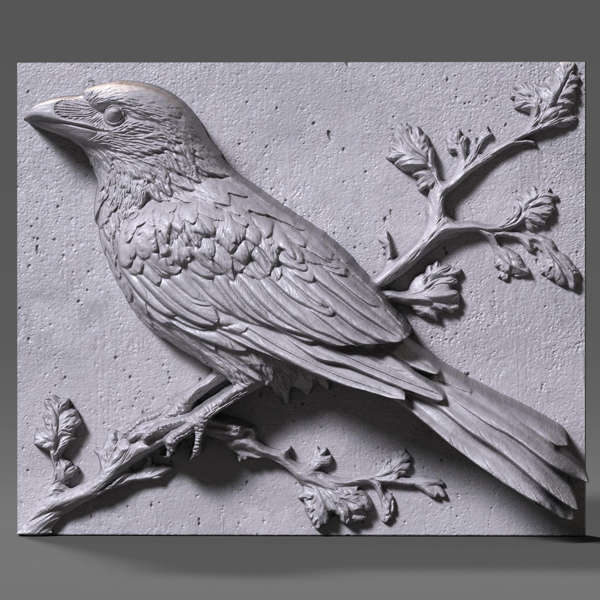 A 3D bas relief wood carving depicting a crow or raven perched elegantly on a branch, rendered in a natural, gothic rustic style. The bird features meticulously carved feathers, a strong beak, and intelligent eyes, complemented by delicate budding branches. This detailed panel is perfect for CNC wood carving, laser engraving, or gothic woodland-themed wall art, evoking mystery, nature, and timeless craftsmanship in a single piece. Ideal for cabins, lodges, or spiritual décor.