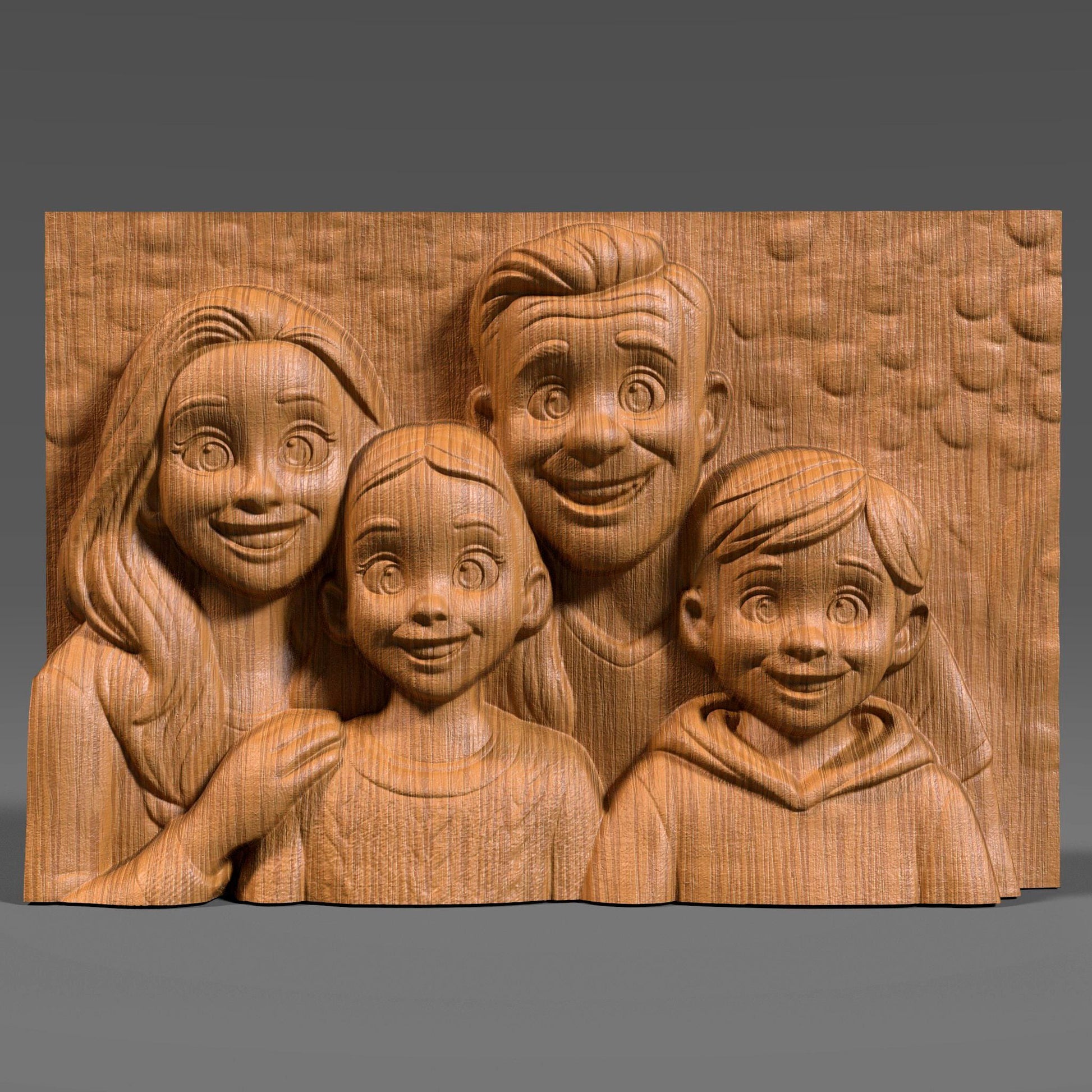 Custom 3D portrait and bas relief model made from a family photo. Personalized digital 3D design converted from photo into a unique bas relief sculpture for CNC carving, 3D printing, or laser engraving. Perfect for wedding gifts, memorial art, family keepsakes, and home décor. The example shows a family photo transformed into a stylized 3D portrait and then into a wooden and stone bas relief carving model with detailed textures and strong depth.