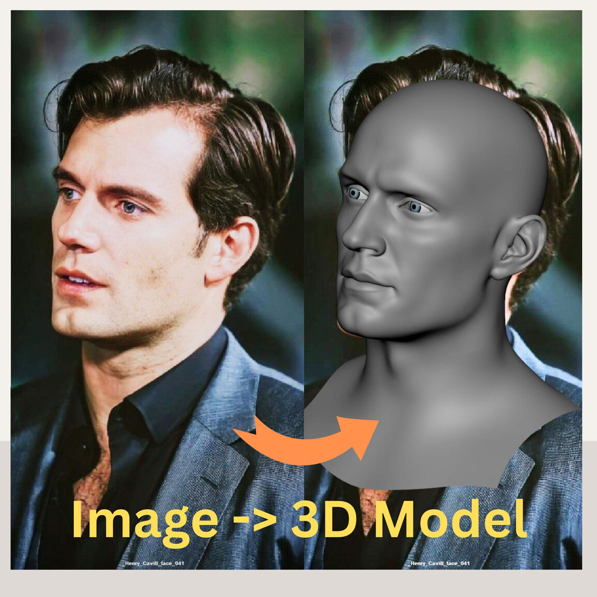 Custom 3D head model created by a Senior Character and Creature Artist with 17+ years in VFX films and games. Based on customer-provided photos, the model features professional clean topology, ready for animation, rigging, 3D printing, and cosplay helmet fitting. Example shows a realistic male head converted into a shaded and wireframe 3D model. Perfect for cosplayers, animators, 3D printing enthusiasts, and digital creators seeking production-quality 3D assets.