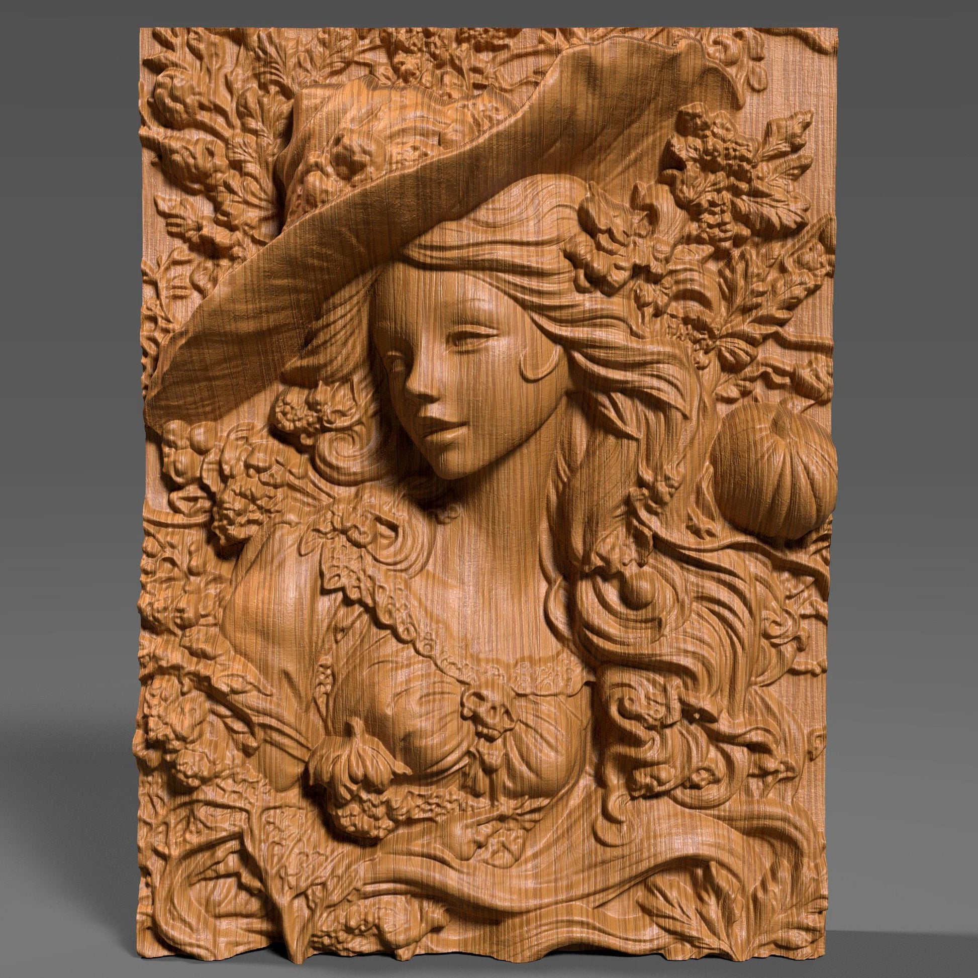 Highly detailed 3D bas-relief carving of a beautiful woman wearing a wide witch hat, her flowing hair intertwined with carved pumpkins, skulls, leaves, and fall foliage. Her expression is serene and magical, evoking a sense of enchantment and seasonal mystique. This elegant autumn sorceress design is crafted in wood, ideal for Halloween or harvest-themed decor. Perfect for CNC carving, laser engraving, or wood wall art, this design blends femininity with fantasy and fall charm.