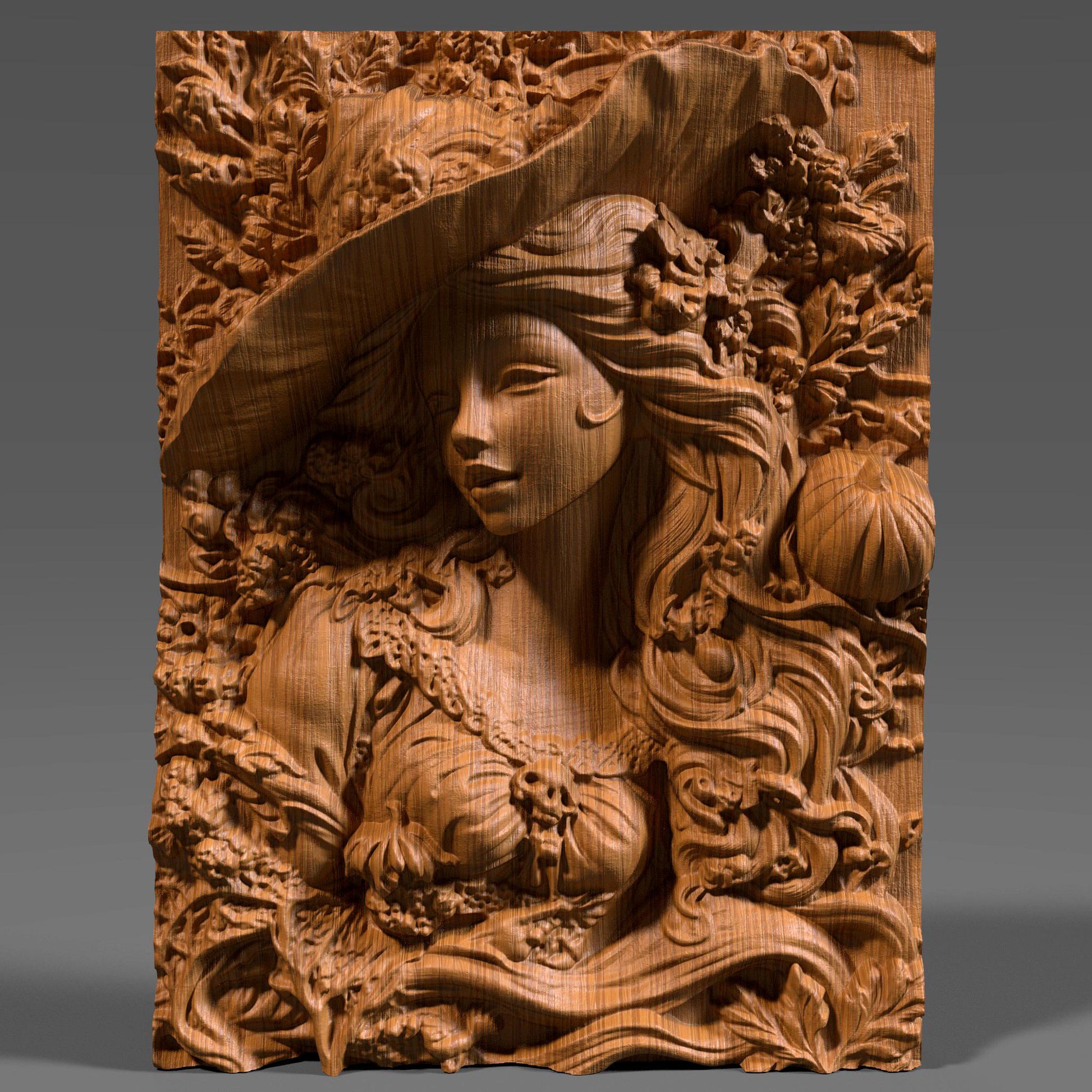 Highly detailed 3D bas-relief carving of a beautiful woman wearing a wide witch hat, her flowing hair intertwined with carved pumpkins, skulls, leaves, and fall foliage. Her expression is serene and magical, evoking a sense of enchantment and seasonal mystique. This elegant autumn sorceress design is crafted in wood, ideal for Halloween or harvest-themed decor. Perfect for CNC carving, laser engraving, or wood wall art, this design blends femininity with fantasy and fall charm.