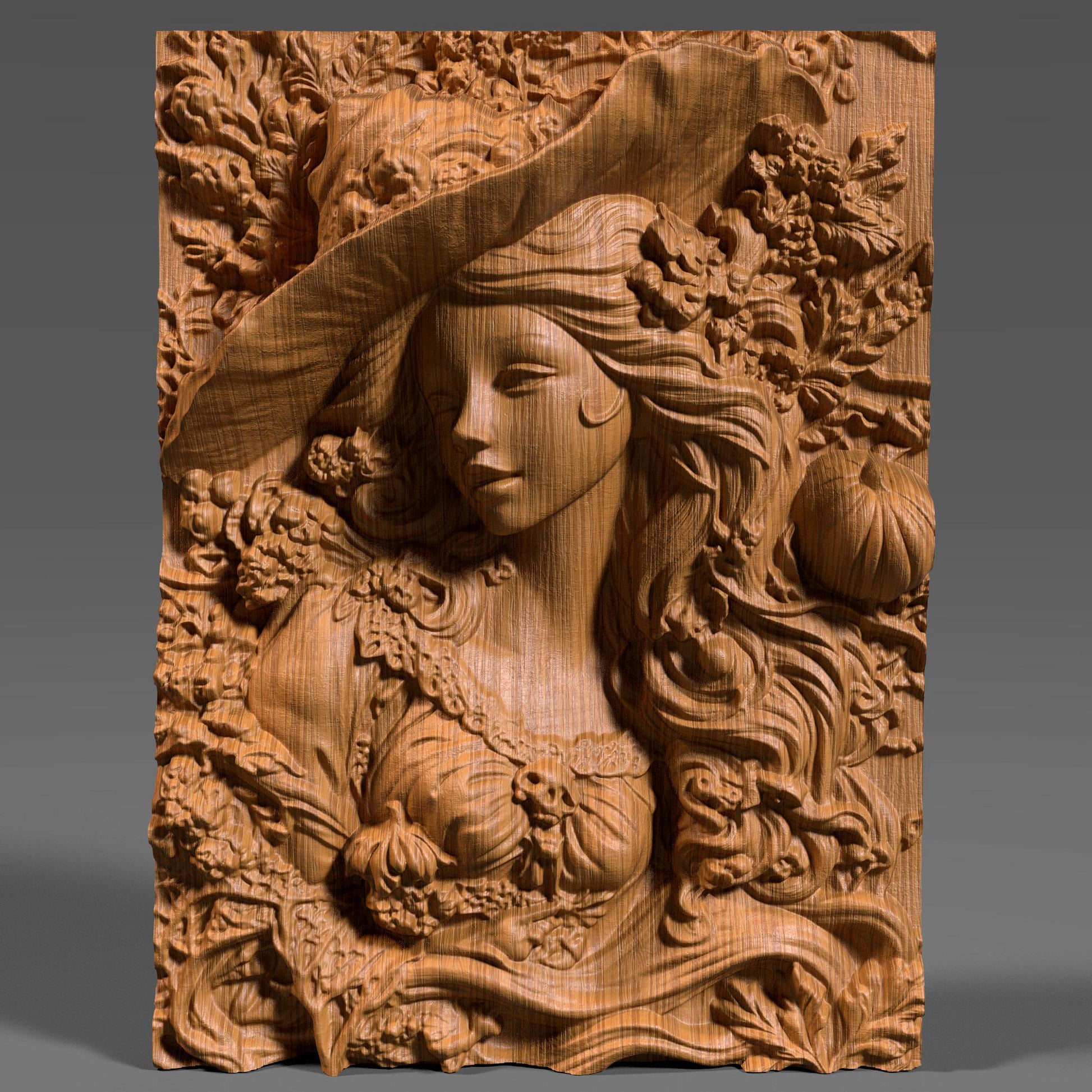 Highly detailed 3D bas-relief carving of a beautiful woman wearing a wide witch hat, her flowing hair intertwined with carved pumpkins, skulls, leaves, and fall foliage. Her expression is serene and magical, evoking a sense of enchantment and seasonal mystique. This elegant autumn sorceress design is crafted in wood, ideal for Halloween or harvest-themed decor. Perfect for CNC carving, laser engraving, or wood wall art, this design blends femininity with fantasy and fall charm.