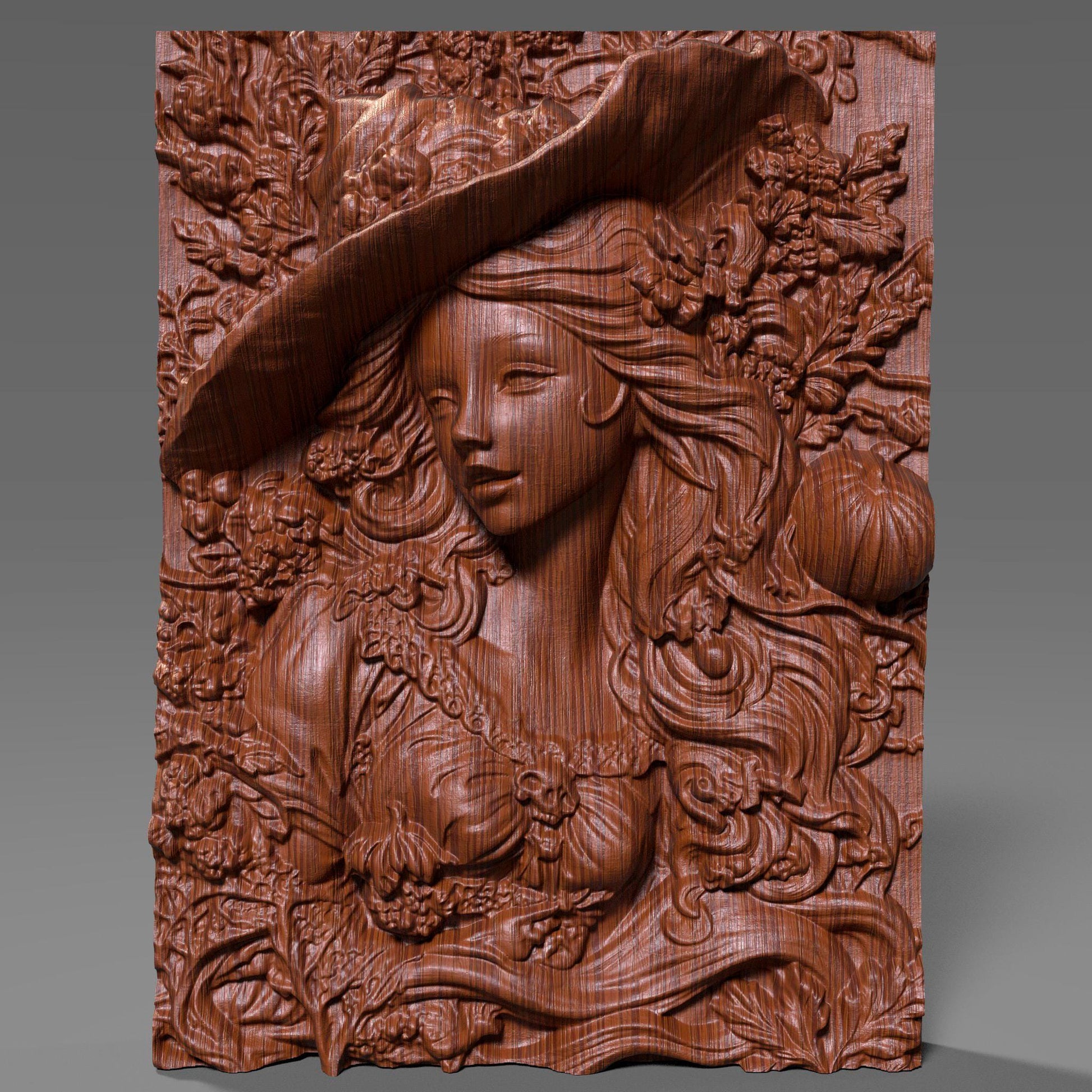 Highly detailed 3D bas-relief carving of a beautiful woman wearing a wide witch hat, her flowing hair intertwined with carved pumpkins, skulls, leaves, and fall foliage. Her expression is serene and magical, evoking a sense of enchantment and seasonal mystique. This elegant autumn sorceress design is crafted in wood, ideal for Halloween or harvest-themed decor. Perfect for CNC carving, laser engraving, or wood wall art, this design blends femininity with fantasy and fall charm.