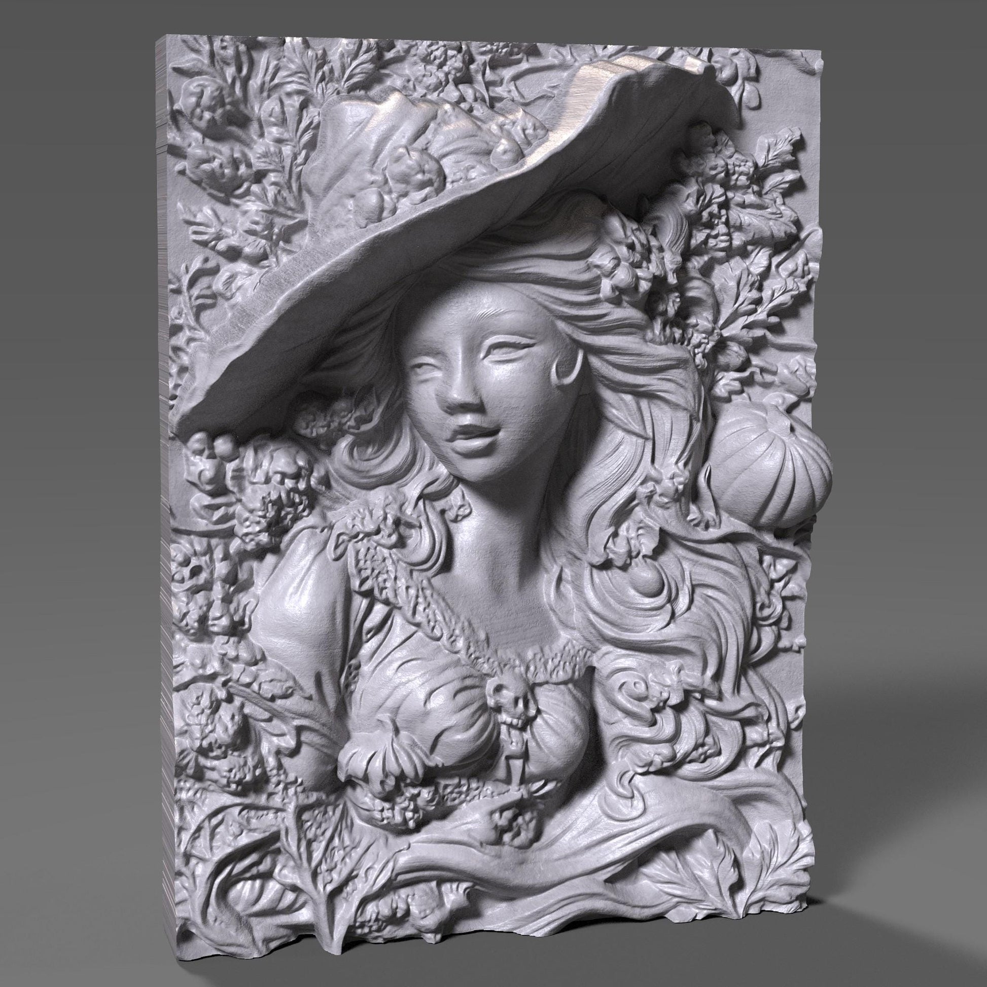 Autumn Witch 3D Relief Carving: Halloween Pumpkin Decor (STL File, Digital Download)