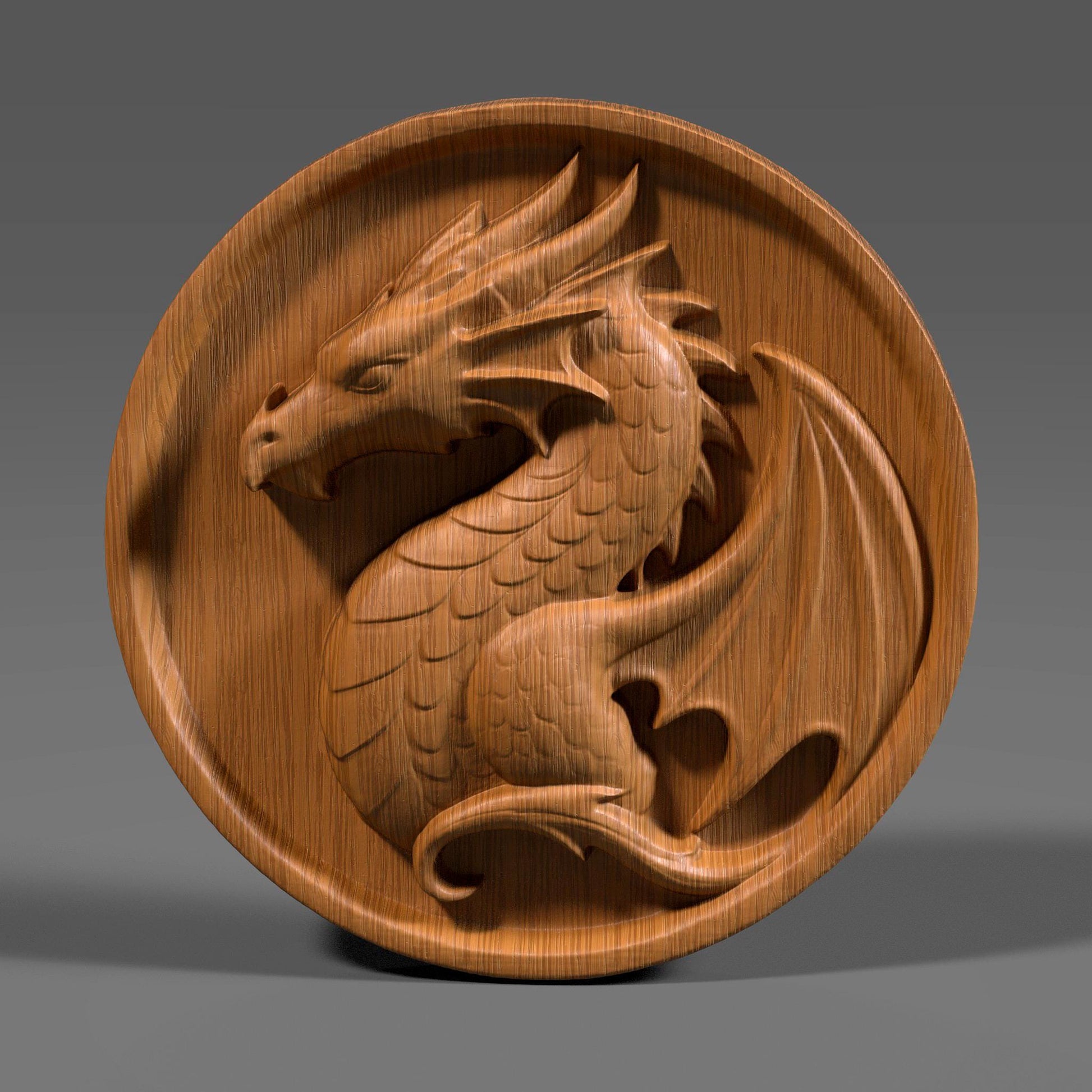 A beautifully carved bas relief of a majestic dragon on a round wooden panel. This fantasy-themed digital artwork features a curled dragon with detailed scales, horns, and wings, evoking a medieval or Viking crest style. Perfect for wall art, CNC carving, laser engraving, and fantasy décor, this high-resolution file showcases epic craftsmanship suitable for game rooms, fantasy lovers, or unique handmade gifts.