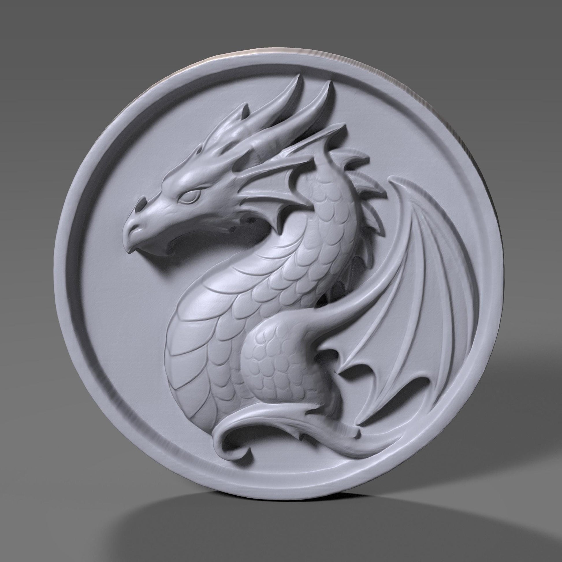 A beautifully carved bas relief of a majestic dragon on a round wooden panel. This fantasy-themed digital artwork features a curled dragon with detailed scales, horns, and wings, evoking a medieval or Viking crest style. Perfect for wall art, CNC carving, laser engraving, and fantasy décor, this high-resolution file showcases epic craftsmanship suitable for game rooms, fantasy lovers, or unique handmade gifts.