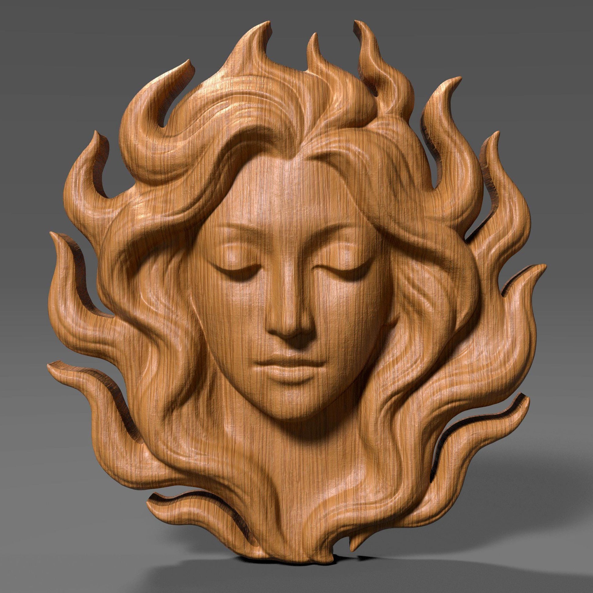 Digital wood carving of a serene woman's face with flowing hair resembling flames, designed in bas relief style. The sculpture radiates calm and elegance, ideal for wall art, CNC carving, laser engraving, or 3D printing. A peaceful feminine figure with eyes closed, exuding goddess-like energy in a high-detail STL format. Suitable for woodworking, resin casting, or decorative panels.