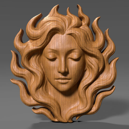 Digital wood carving of a serene woman's face with flowing hair resembling flames, designed in bas relief style. The sculpture radiates calm and elegance, ideal for wall art, CNC carving, laser engraving, or 3D printing. A peaceful feminine figure with eyes closed, exuding goddess-like energy in a high-detail STL format. Suitable for woodworking, resin casting, or decorative panels.