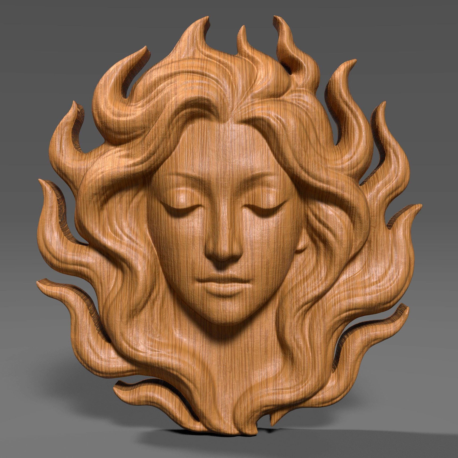 Digital wood carving of a serene woman's face with flowing hair resembling flames, designed in bas relief style. The sculpture radiates calm and elegance, ideal for wall art, CNC carving, laser engraving, or 3D printing. A peaceful feminine figure with eyes closed, exuding goddess-like energy in a high-detail STL format. Suitable for woodworking, resin casting, or decorative panels.