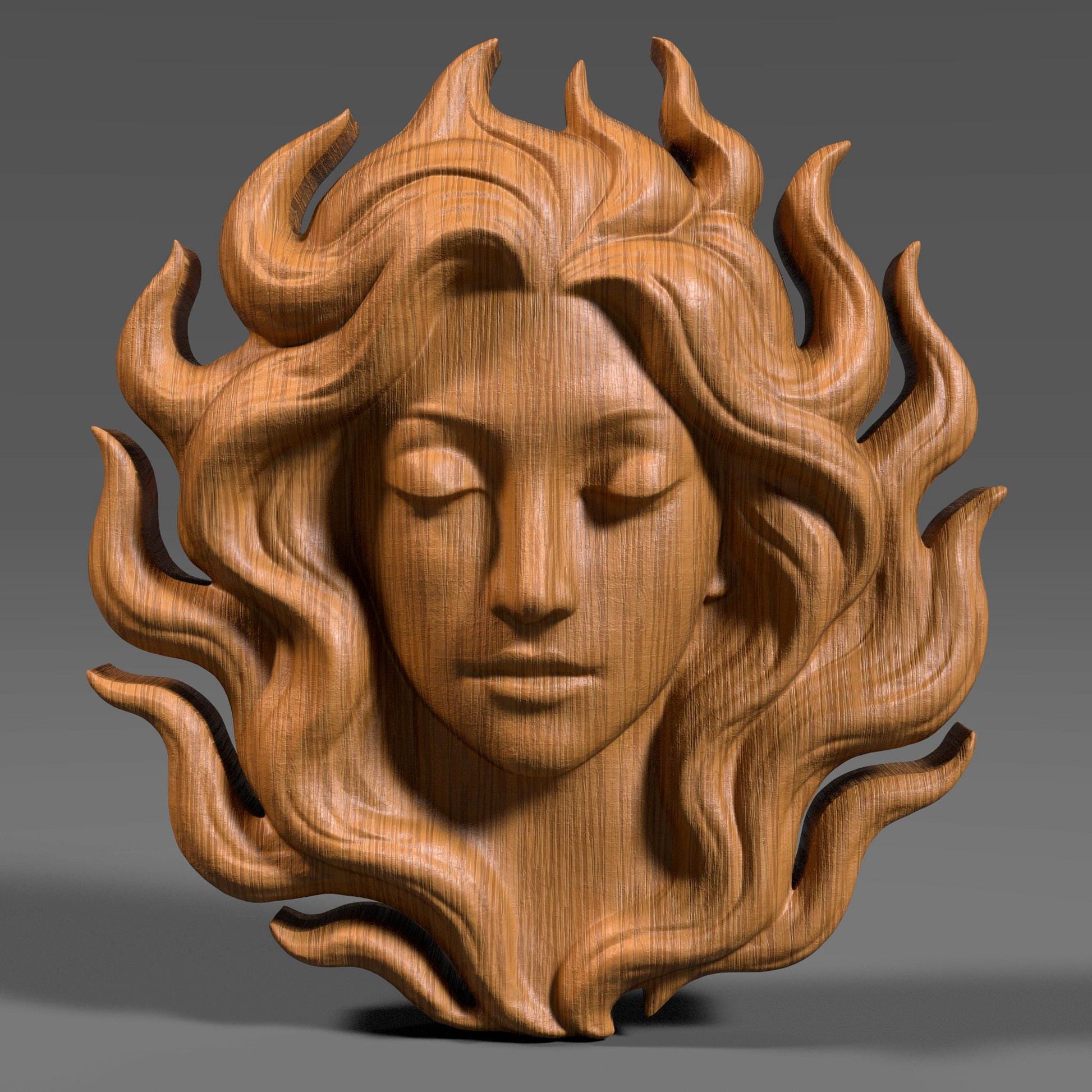 Digital wood carving of a serene woman's face with flowing hair resembling flames, designed in bas relief style. The sculpture radiates calm and elegance, ideal for wall art, CNC carving, laser engraving, or 3D printing. A peaceful feminine figure with eyes closed, exuding goddess-like energy in a high-detail STL format. Suitable for woodworking, resin casting, or decorative panels.