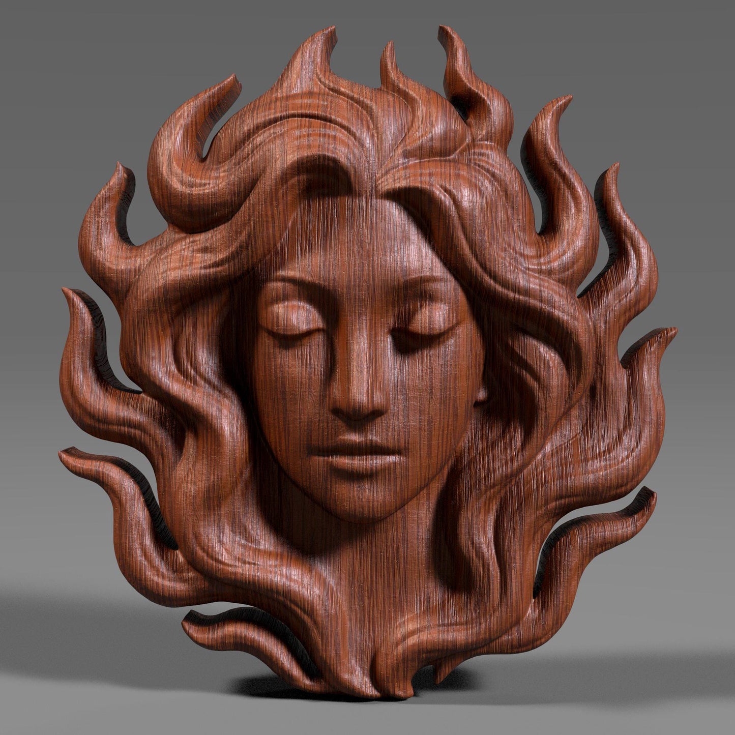 Digital wood carving of a serene woman's face with flowing hair resembling flames, designed in bas relief style. The sculpture radiates calm and elegance, ideal for wall art, CNC carving, laser engraving, or 3D printing. A peaceful feminine figure with eyes closed, exuding goddess-like energy in a high-detail STL format. Suitable for woodworking, resin casting, or decorative panels.