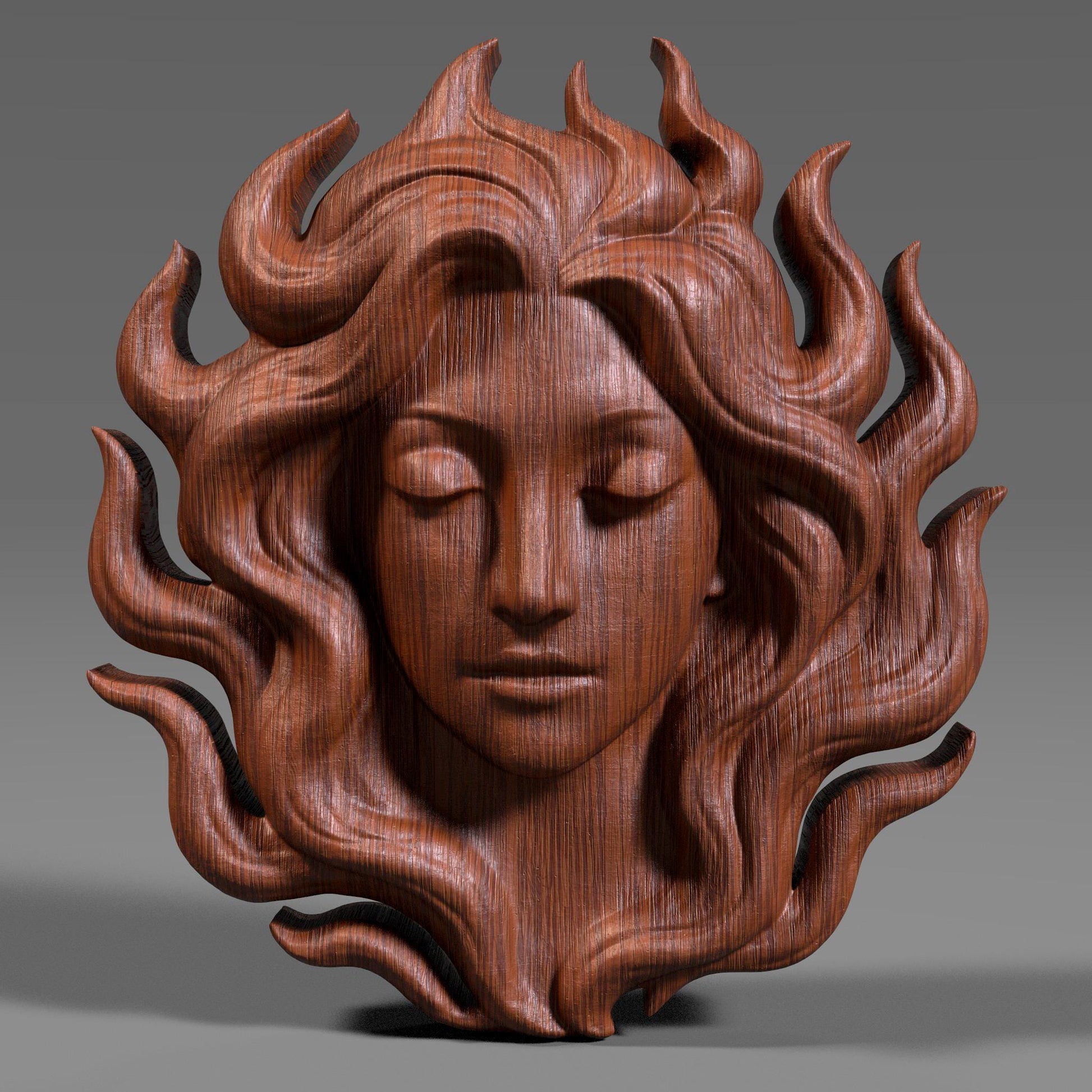 Digital wood carving of a serene woman's face with flowing hair resembling flames, designed in bas relief style. The sculpture radiates calm and elegance, ideal for wall art, CNC carving, laser engraving, or 3D printing. A peaceful feminine figure with eyes closed, exuding goddess-like energy in a high-detail STL format. Suitable for woodworking, resin casting, or decorative panels.