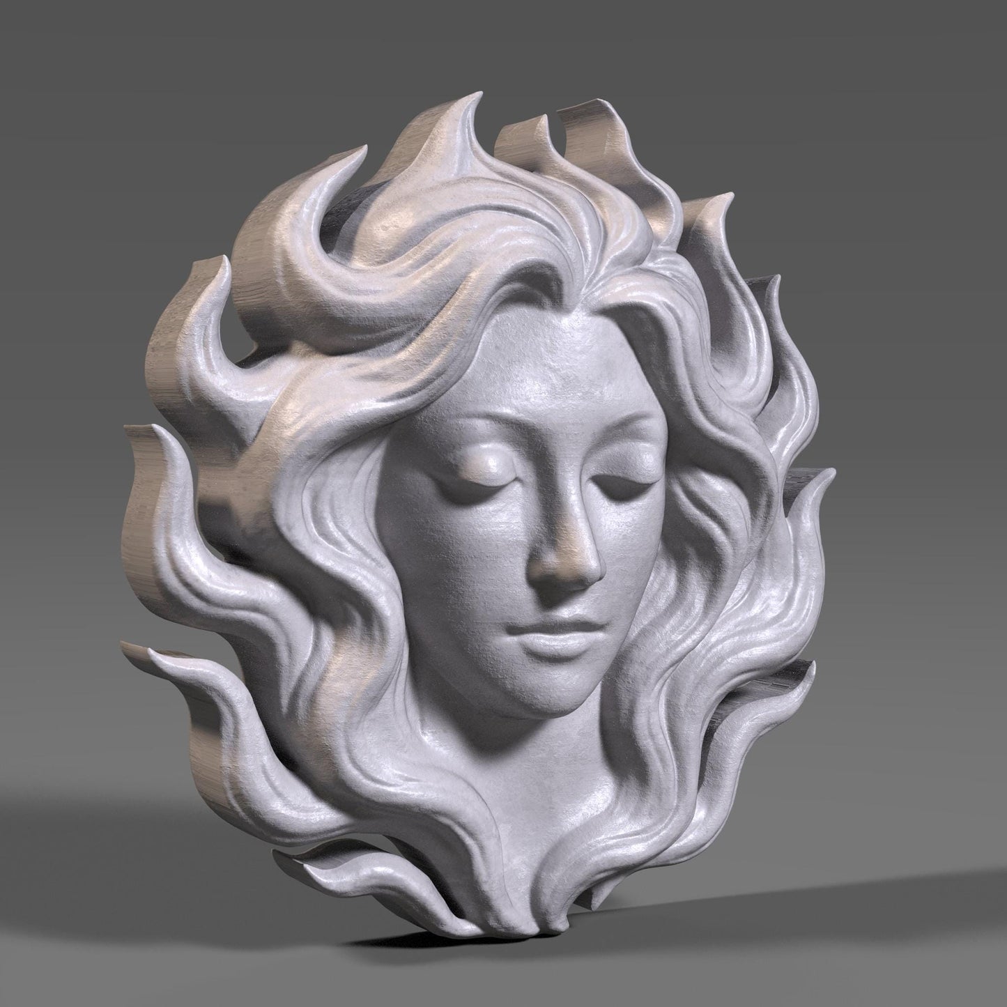 Flame-Haired Woman Relief Carving: Serene Goddess STL (Digital Download)