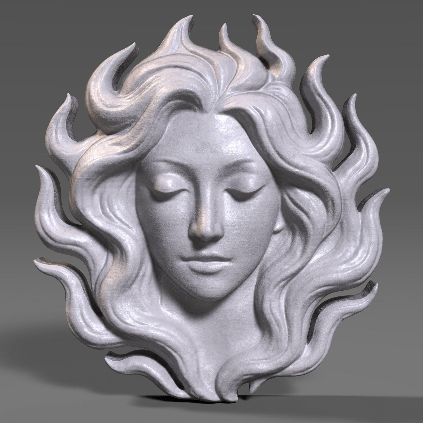 Flame-Haired Woman Relief Carving: Serene Goddess STL (Digital Download)