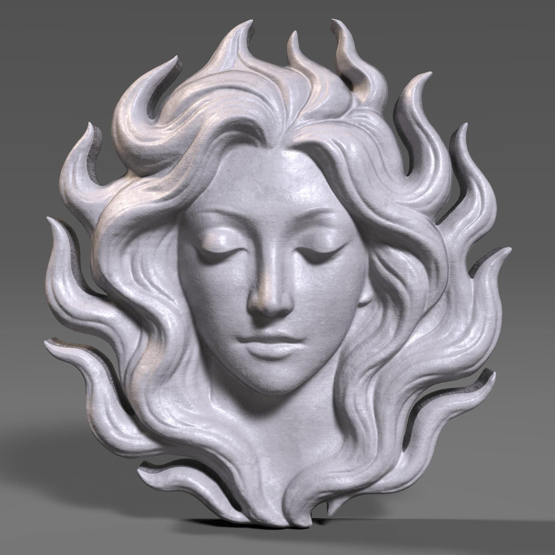 Flame-Haired Woman Relief Carving: Serene Goddess STL (Digital Download)
