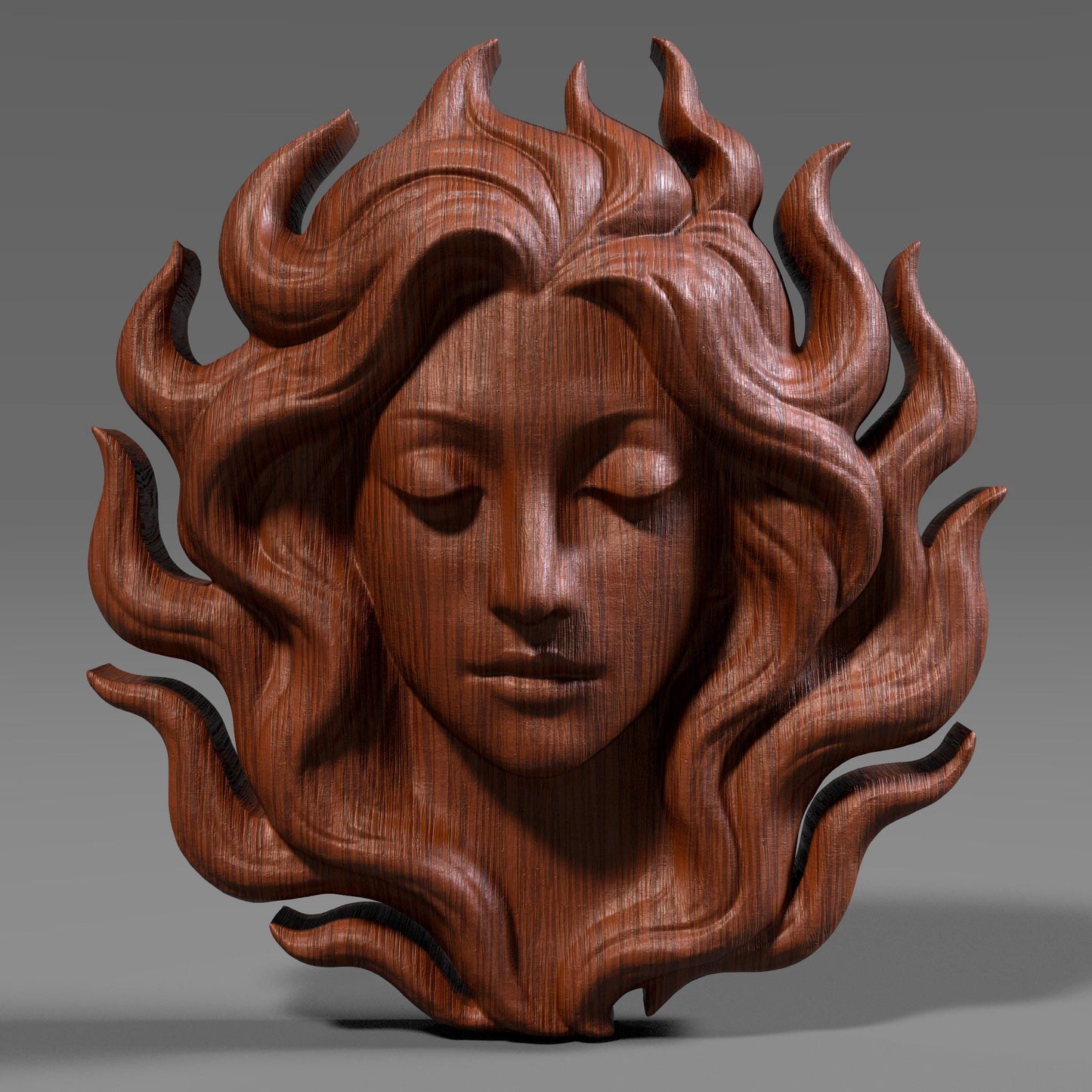 Flame-Haired Woman Relief Carving: Serene Goddess STL (Digital Download)