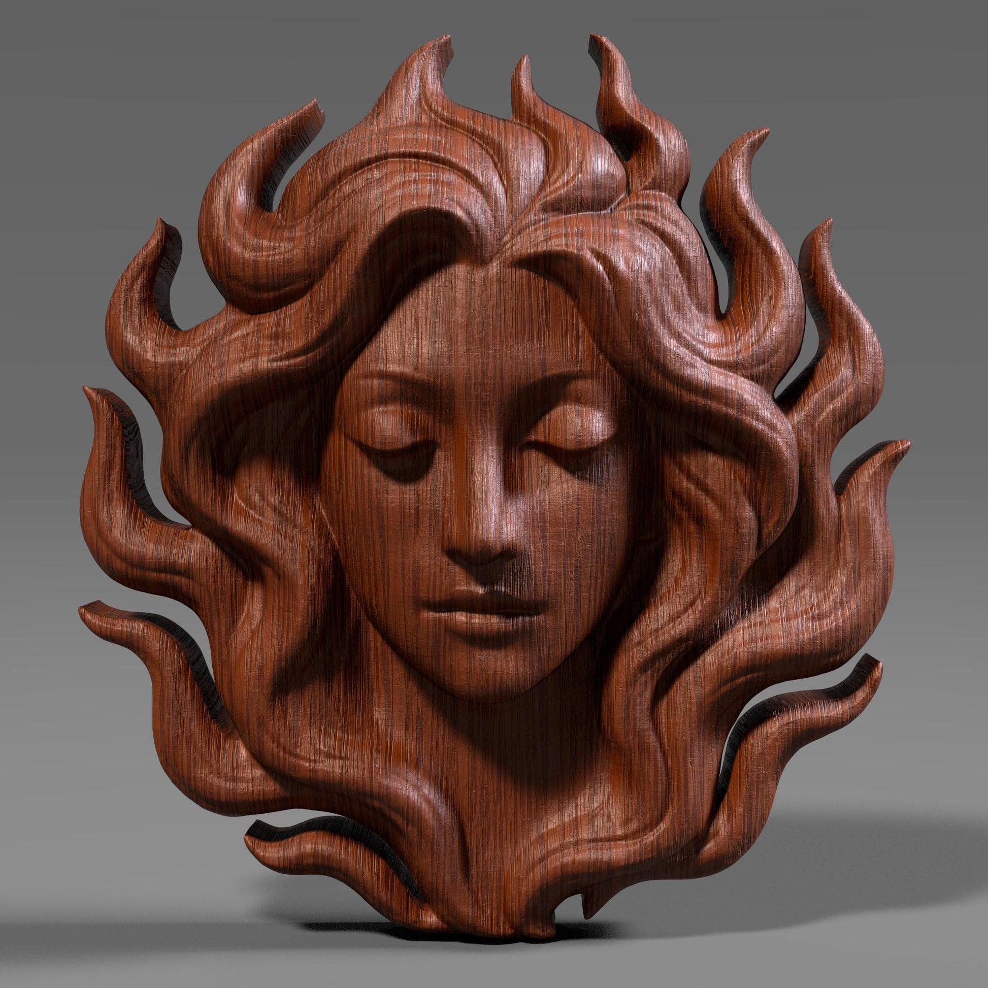 Flame-Haired Woman Relief Carving: Serene Goddess STL (Digital Download)
