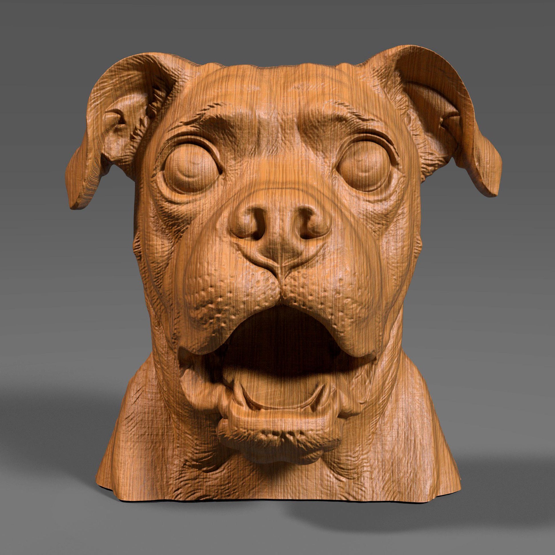 A 3D digital wood-style bust of a pug dog with wide eyes and an expressive open mouth, resembling a humorous and lively tribute sculpture. Ideal for CNC carving, laser engraving, or resin printing, this STL file captures the pug’s charming personality with fine detailing and realistic wood grain patterns. The bust is perfect for pet lovers and dog-themed decor projects.