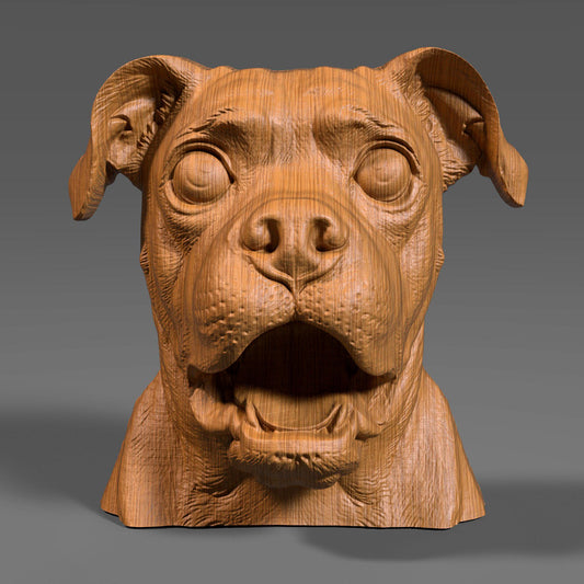 A 3D digital wood-style bust of a pug dog with wide eyes and an expressive open mouth, resembling a humorous and lively tribute sculpture. Ideal for CNC carving, laser engraving, or resin printing, this STL file captures the pug’s charming personality with fine detailing and realistic wood grain patterns. The bust is perfect for pet lovers and dog-themed decor projects.