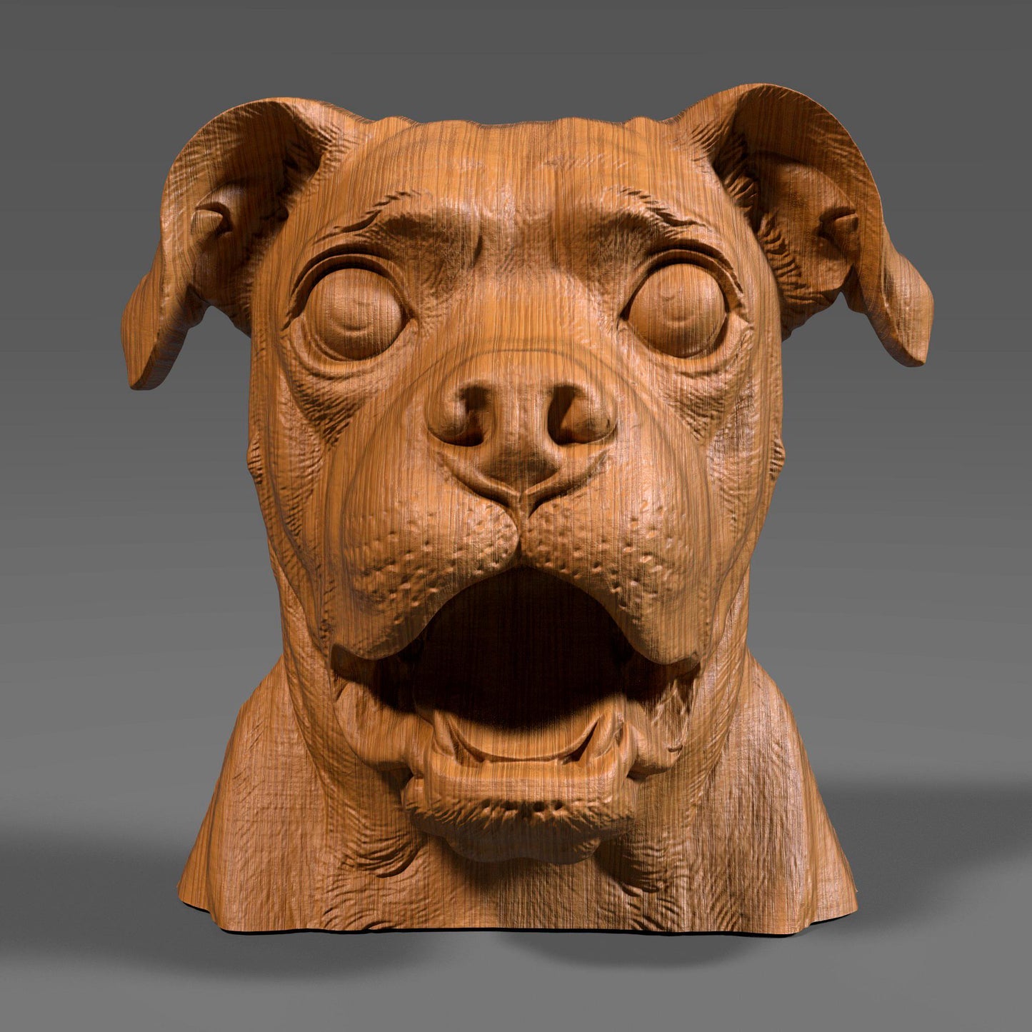 A 3D digital wood-style bust of a pug dog with wide eyes and an expressive open mouth, resembling a humorous and lively tribute sculpture. Ideal for CNC carving, laser engraving, or resin printing, this STL file captures the pug’s charming personality with fine detailing and realistic wood grain patterns. The bust is perfect for pet lovers and dog-themed decor projects.