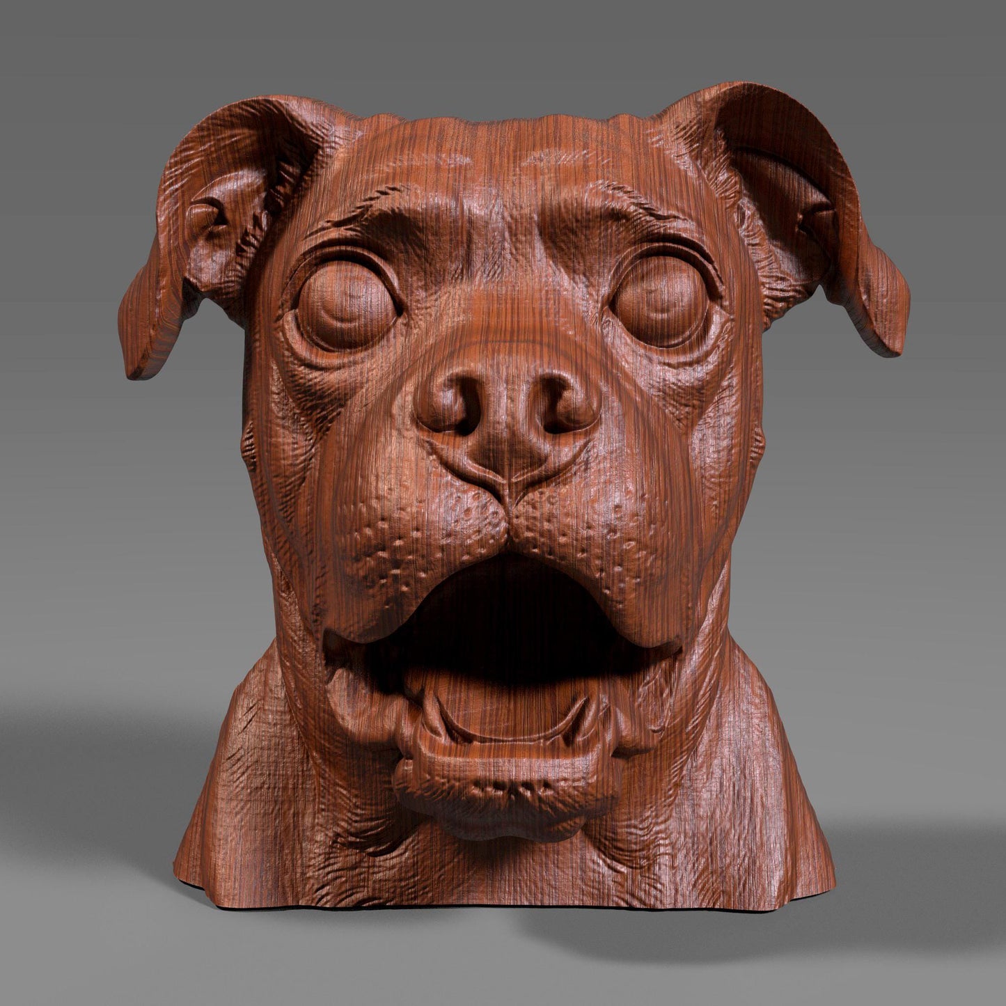 A 3D digital wood-style bust of a pug dog with wide eyes and an expressive open mouth, resembling a humorous and lively tribute sculpture. Ideal for CNC carving, laser engraving, or resin printing, this STL file captures the pug’s charming personality with fine detailing and realistic wood grain patterns. The bust is perfect for pet lovers and dog-themed decor projects.