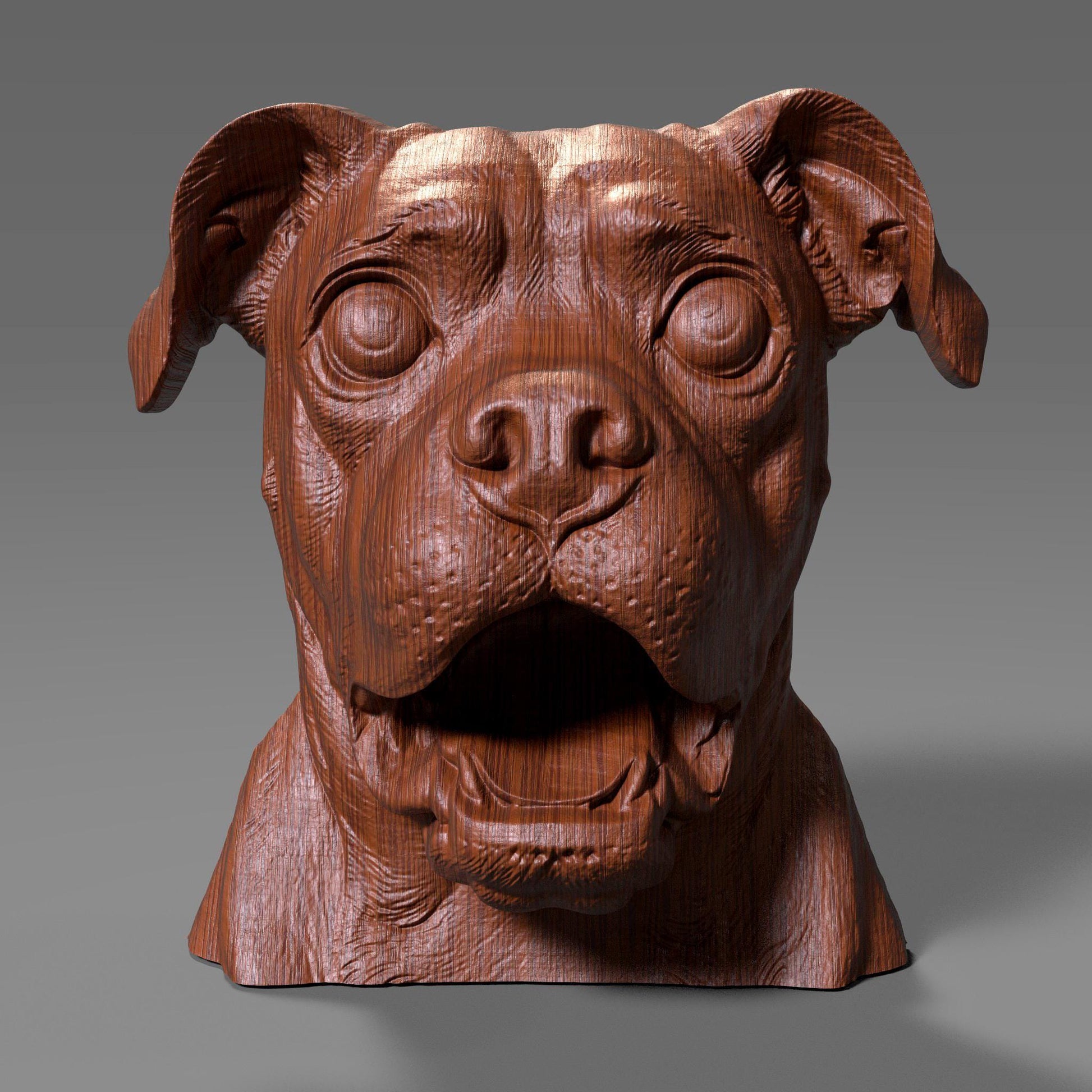 A 3D digital wood-style bust of a pug dog with wide eyes and an expressive open mouth, resembling a humorous and lively tribute sculpture. Ideal for CNC carving, laser engraving, or resin printing, this STL file captures the pug’s charming personality with fine detailing and realistic wood grain patterns. The bust is perfect for pet lovers and dog-themed decor projects.
