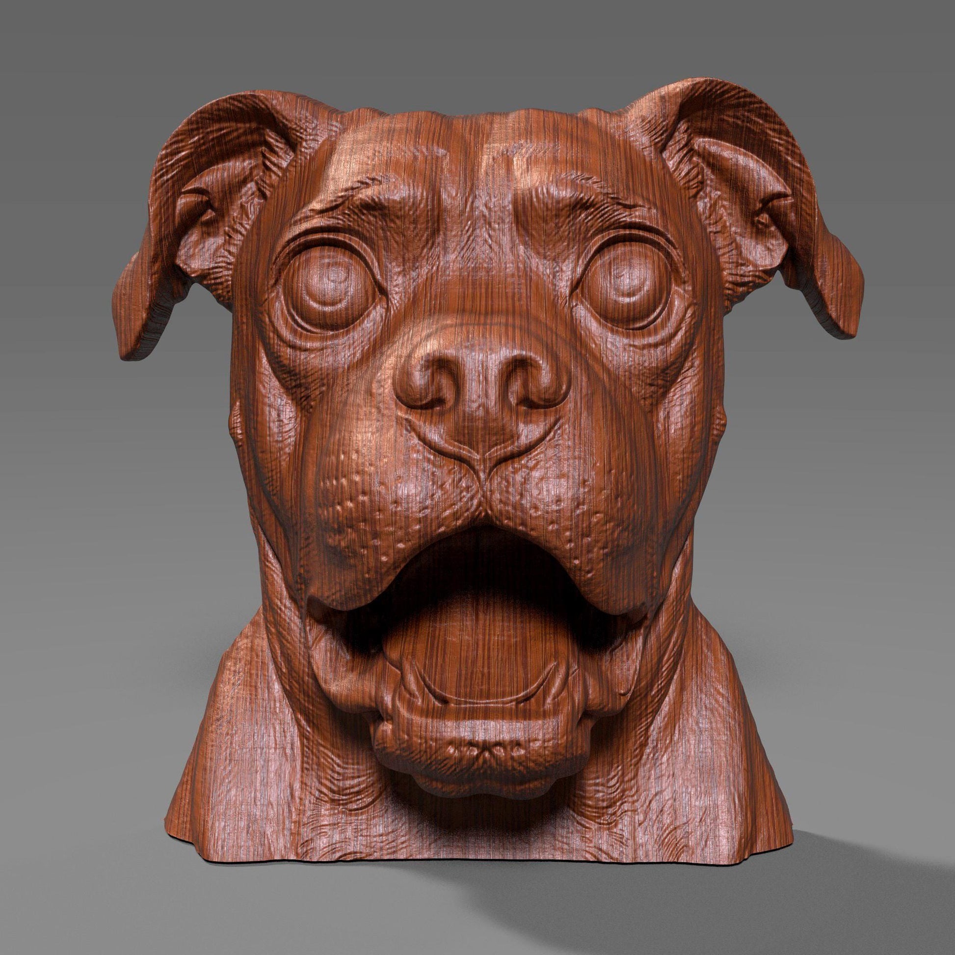 A 3D digital wood-style bust of a pug dog with wide eyes and an expressive open mouth, resembling a humorous and lively tribute sculpture. Ideal for CNC carving, laser engraving, or resin printing, this STL file captures the pug’s charming personality with fine detailing and realistic wood grain patterns. The bust is perfect for pet lovers and dog-themed decor projects.