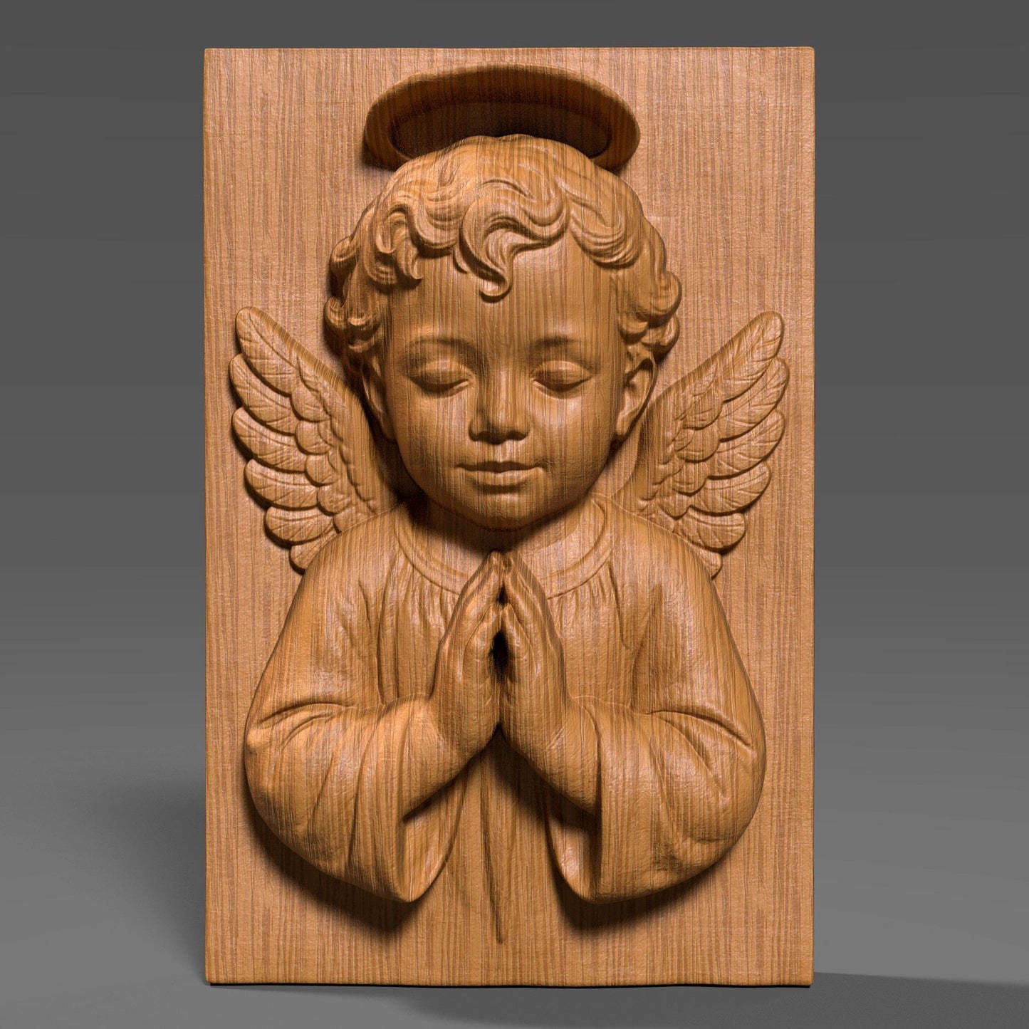 3D bas-relief of a baby angel with curly hair, halo, and detailed wings, shown in a prayer pose. The design is carved into a vertical wooden slab, ideal for Catholic Christmas wall art, CNC wood carving, or laser engraving. The digital model captures a serene and peaceful emotion, perfect for seasonal or spiritual decor. Great for gifts or handmade crafts.