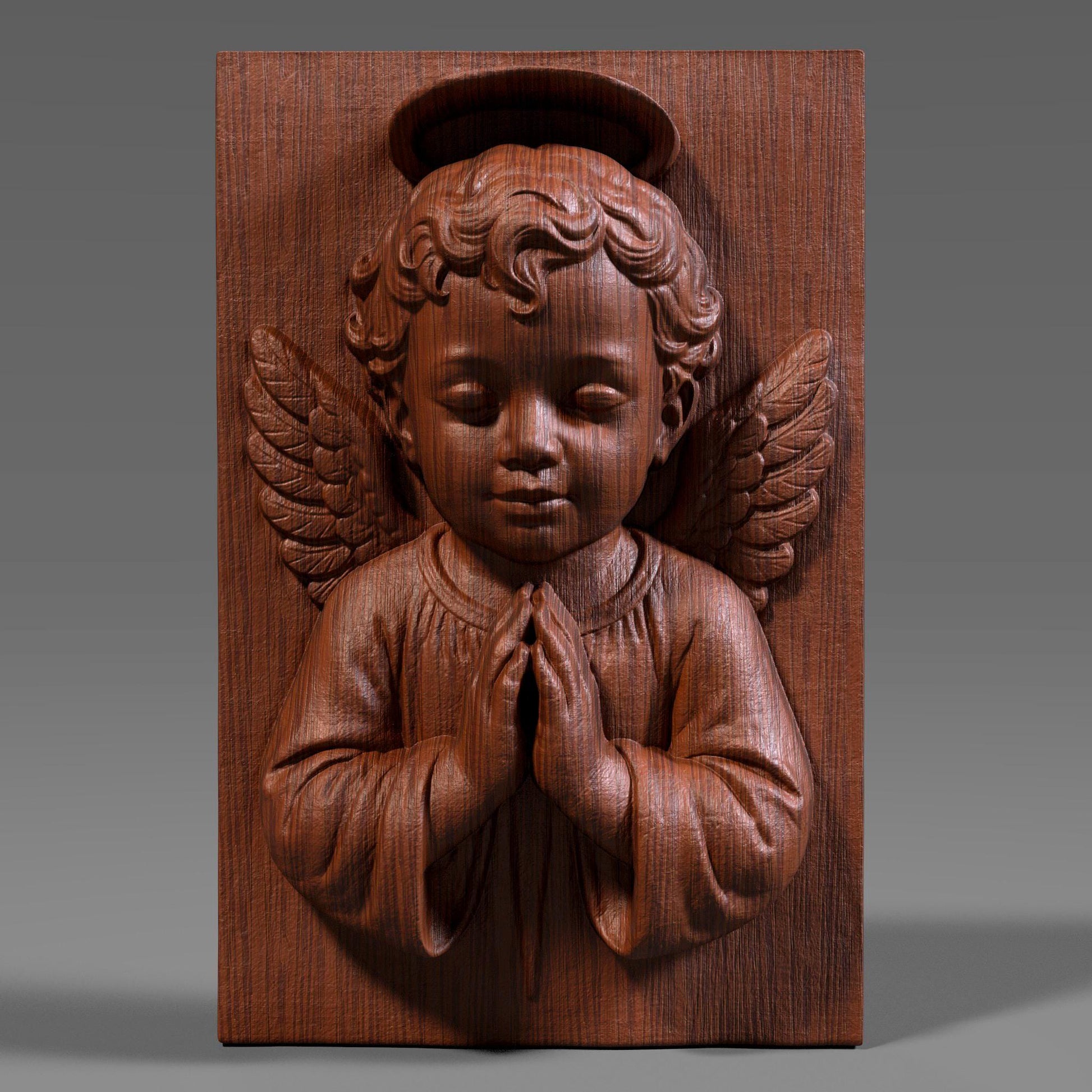 3D bas-relief of a baby angel with curly hair, halo, and detailed wings, shown in a prayer pose. The design is carved into a vertical wooden slab, ideal for Catholic Christmas wall art, CNC wood carving, or laser engraving. The digital model captures a serene and peaceful emotion, perfect for seasonal or spiritual decor. Great for gifts or handmade crafts.