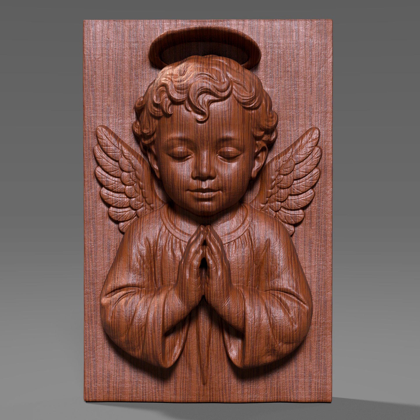 3D bas-relief of a baby angel with curly hair, halo, and detailed wings, shown in a prayer pose. The design is carved into a vertical wooden slab, ideal for Catholic Christmas wall art, CNC wood carving, or laser engraving. The digital model captures a serene and peaceful emotion, perfect for seasonal or spiritual decor. Great for gifts or handmade crafts.